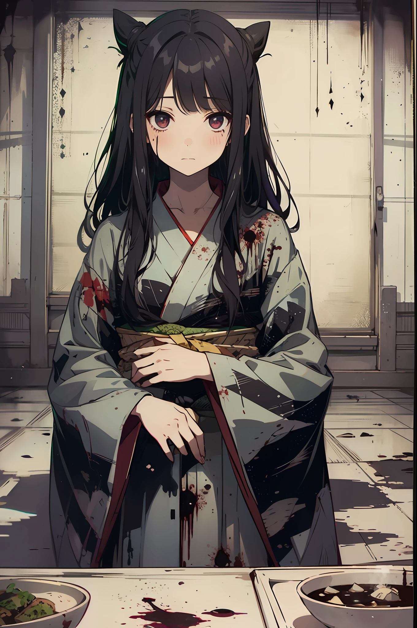 BREAK,1girl, long hair, black hair, fish, pitch black eyes, kimono, japanese clothes, solo, red kimono, very long hair, looking at viewer, wide sleeves, bubble, long sleeves, parted bangs, standing, holding, bangs, indoors, eerie, dead eyes, dead inside, horror vibe, dark, animal, air bubble, water, (dark room:1.2), blood splatters,