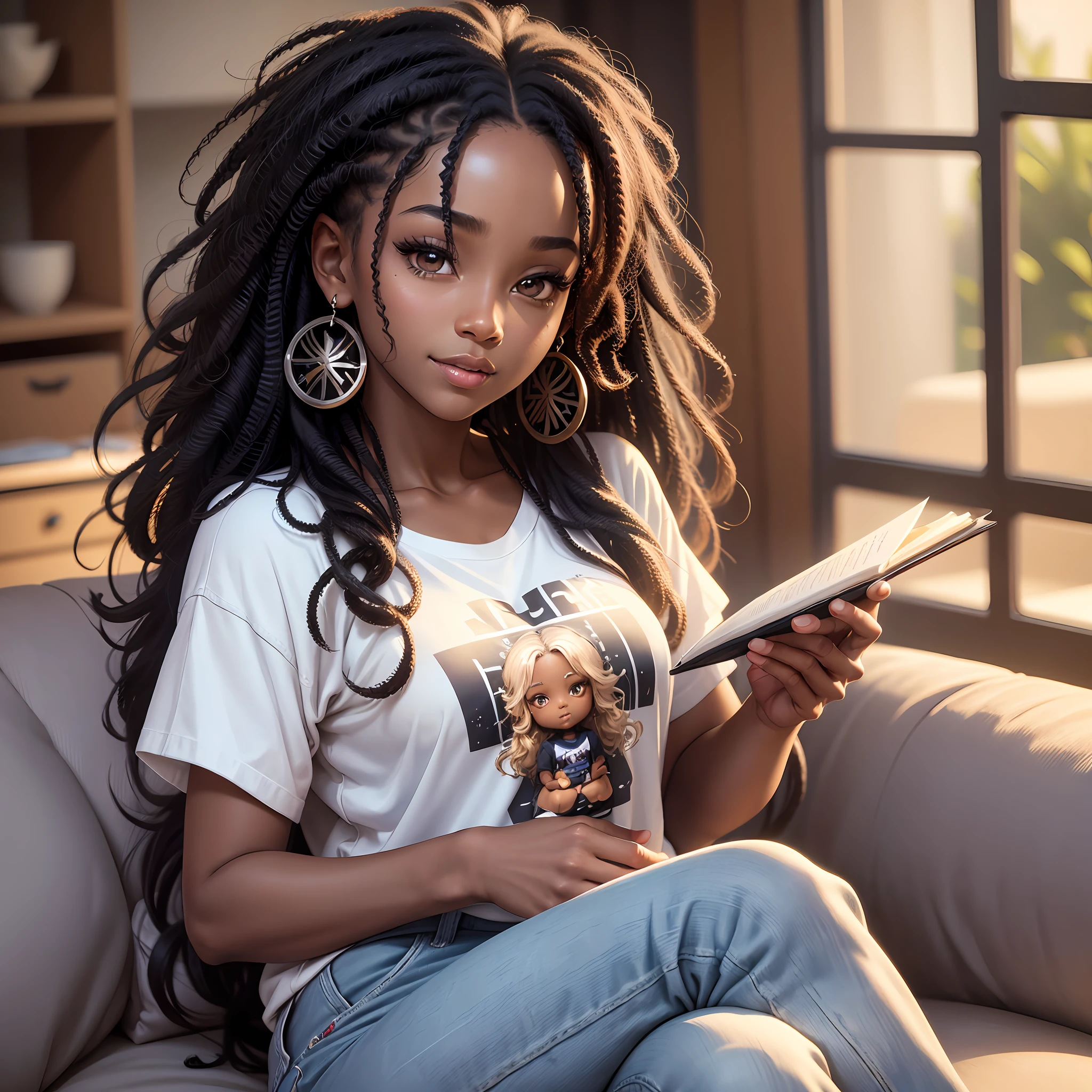 realistic portrait of a beautiful 9 month old African American baby girl ((dark skin color)) writing in a notebook, ((chibi)), cute smile, ((sitting on a living room sofa)), wearing white T-shirt and jeans , current fashion , mega hair long curly hair, ((kanekalon)), (cinematic Contour lighting), close-up, product preview, detailed facial details, perfect face, sharpness, trend art, sharp facial details, cgsociety , very high quality digital artwork, exquisite hyper detail , 4k, 3D, 8k soft lighting, dreamy --iso 100, fashion --ar 9:16 --auto --s2