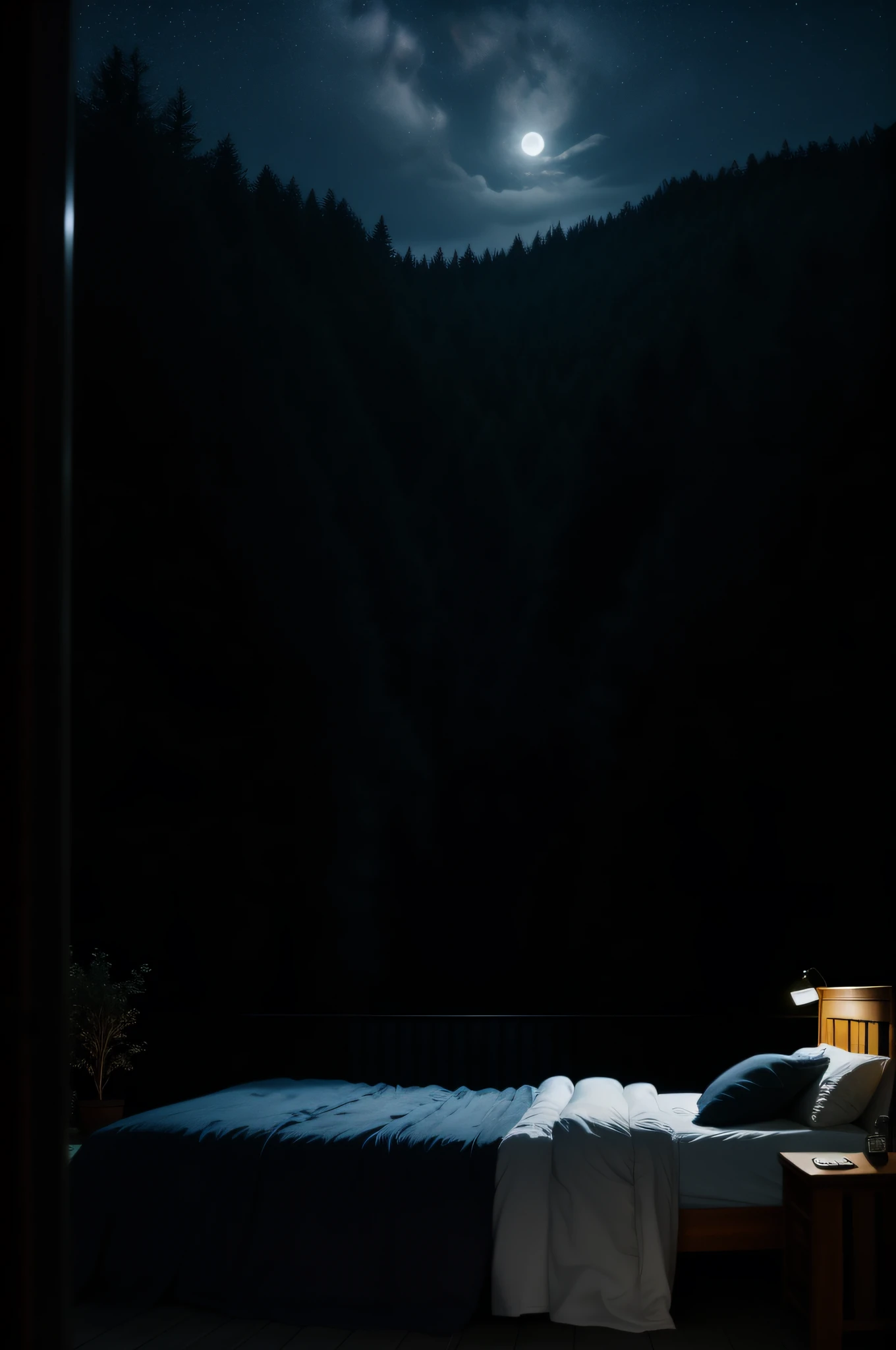 night, dark, moonlight, large bed, many blankets, landraw, nigth, soft light, 1024P X 720P, 4K, 8K