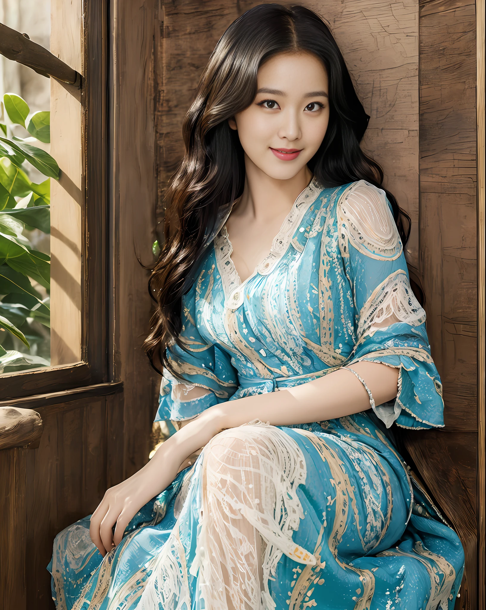 (ultra-detailed, high resolution, best quality, masterpiece CG unity 8k wallpaper),(beautiful, enchanting, captivating),full view of girl, bright blue dress, endearing smile, captivating gaze, inviting charm, thoughtful gaze, curly long hair.