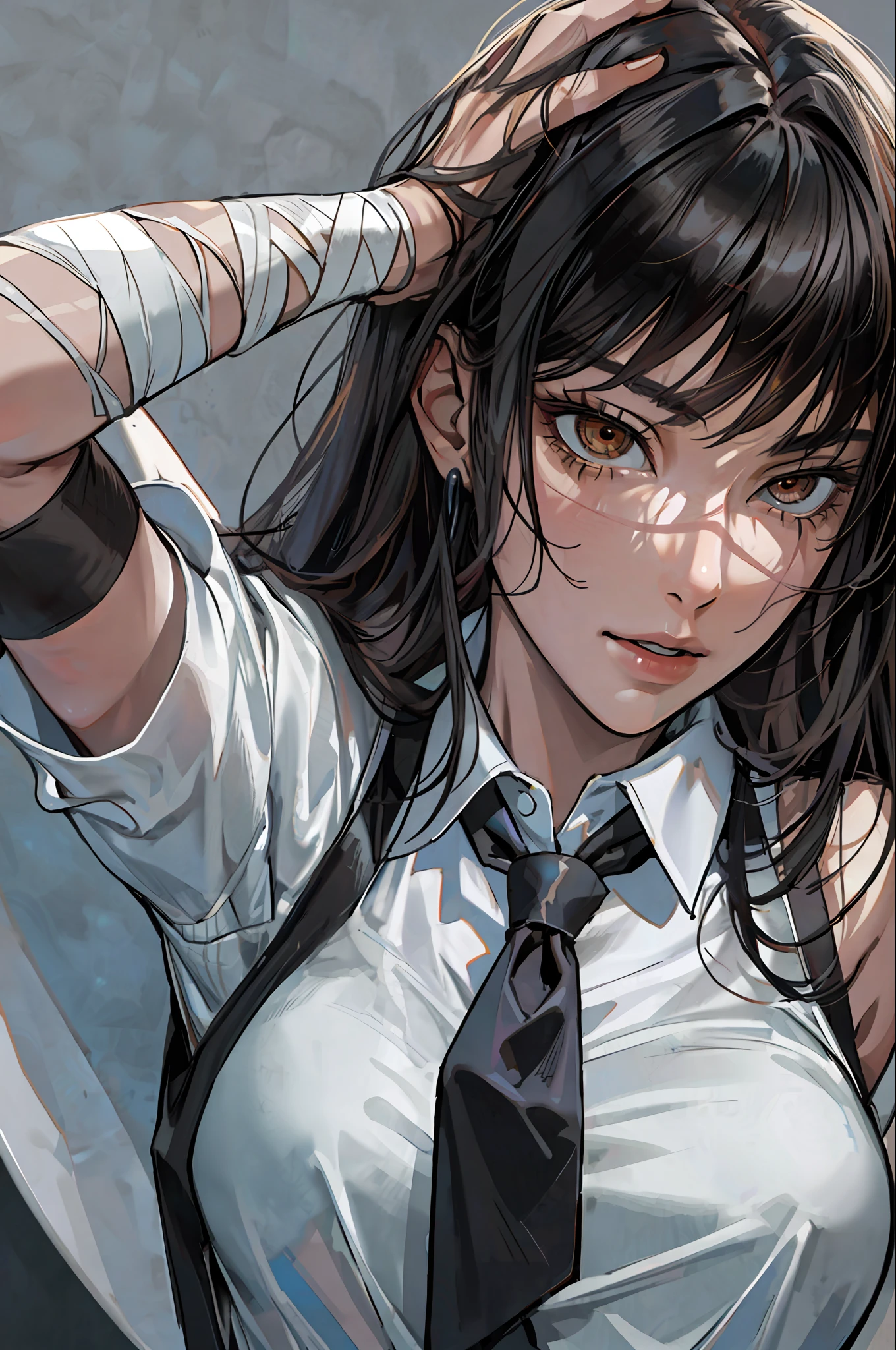 ((masterpiece, best quality)), (1girl), (solo), (female focus), yoru \(chainsaw man\),(very detailed face, real image, realistic white skin, realistic body, intricate details), upper body, serious , brown eyes, looking at the viewer, bandages over the body, black hair, far sleeve shirt, pinaforee dress, black necktie, bandages, bandages, small breasts