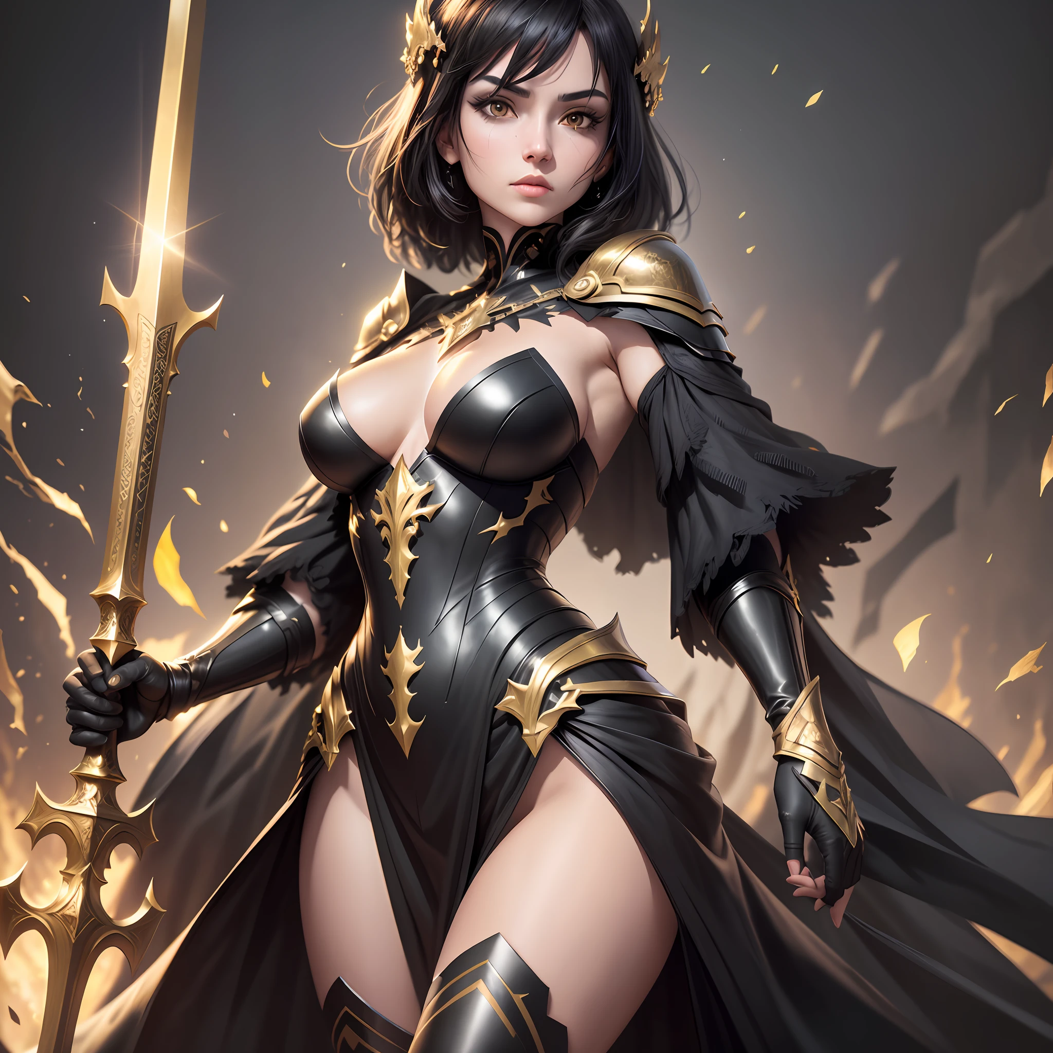 ((Best quality)) a beautiful woman with black dresses [ black dresses with golden parts ] and short black hair (with golden strands), golden eyes, fierce look, brave face, pale skin, bleeding, with a sword in hand, whitish skin,  body, fighting, night lighting, location: castle, HDR (High Dynamic Range),Radiosity, Depth of field, Maximum clarity and sharpness, Multilayer textures,  and specular maps, Surface shading, Accurate simulation of light-material interaction, Perfect proportions, Two-tone lighting,Wide aperture,ISO,White balance,Rule of thirds,