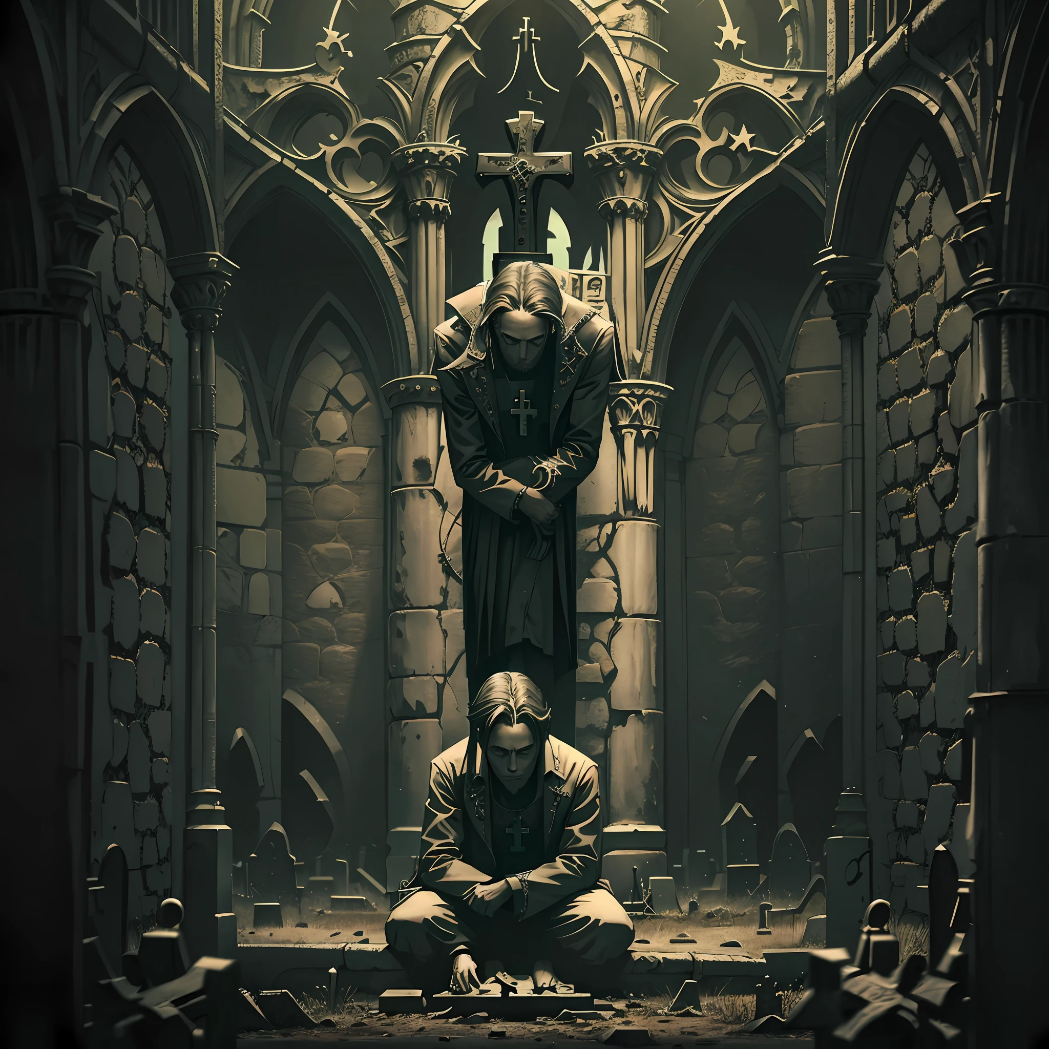 Lonely Gothic man in cemetery with an upside-down cross crucifix in his hands, high quality --auto --s2