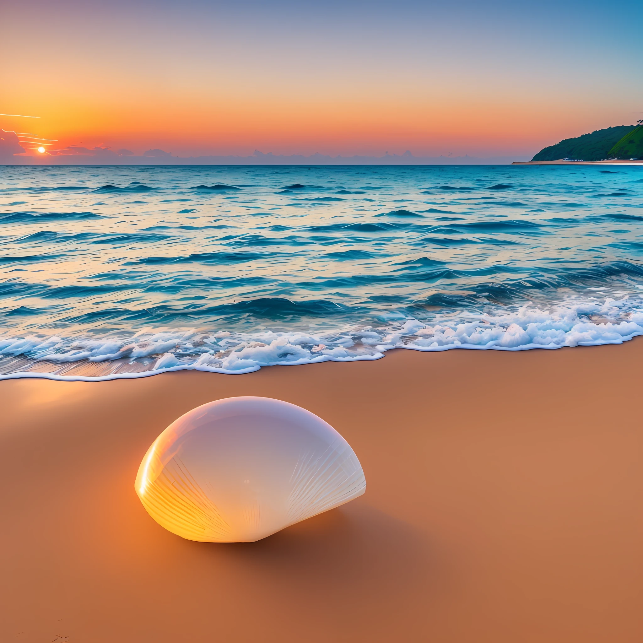 Artistic challenge: Create a high-definition photographic image that depicts the magnificent union between a shell and a pearl, situated on the edge of a paradisiacal beach. The shell, white in color and detailed texture, rests delicately on the fine sand of the beach, with soft foams of the sea enveloping it. Its interior houses an iridescent pearl, which glows with shades of cream and pink, reflecting the sunlight. Use a 50mm lens in high definition to magnify the details of the shell and pearl, highlighting their unique beauty. The surrounding landscape is composed of lush coastal vegetation, with coconut trees rippling in the wind, while the sea of crystal clear waters stretches to the horizon. The sun sets slowly, painting the sky with a spectacle of orange and gold colors, whose reflections merge with the surface of the sea, creating a charming scenery. This image captures the essence of serenity, preciousness and harmony found in nature. Awaken the beauty of the shell and pearl by magnifying the details with a 50mm lens, and immerse yourself in the magical atmosphere of this stunning beach." --auto --s2