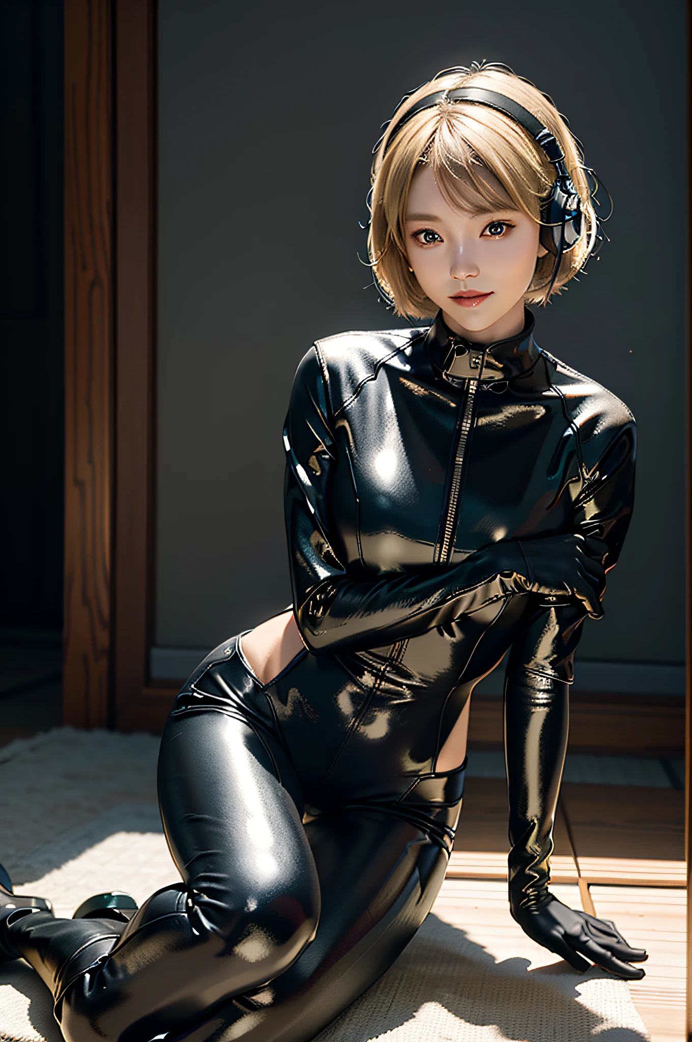 (8K, RAW photos, top quality, masterpieces: 1.2), (realistic, photorealistic: 1.4), cute, Japan girl, petite, delicate and beautiful face, blonde, bob cut, professional lighting, photon mapping, radiosity, physically based rendering, costumes covering the whole body, shiny costumes, rubber, black pilot suit, Beautiful woman with perfect figure: 1.4, sexy, watch viewer, CG wallpaper, medium breasts, black gloves, full body, black long boots, sitting in a forward leaning position, open thighs, light smile, one ear headset