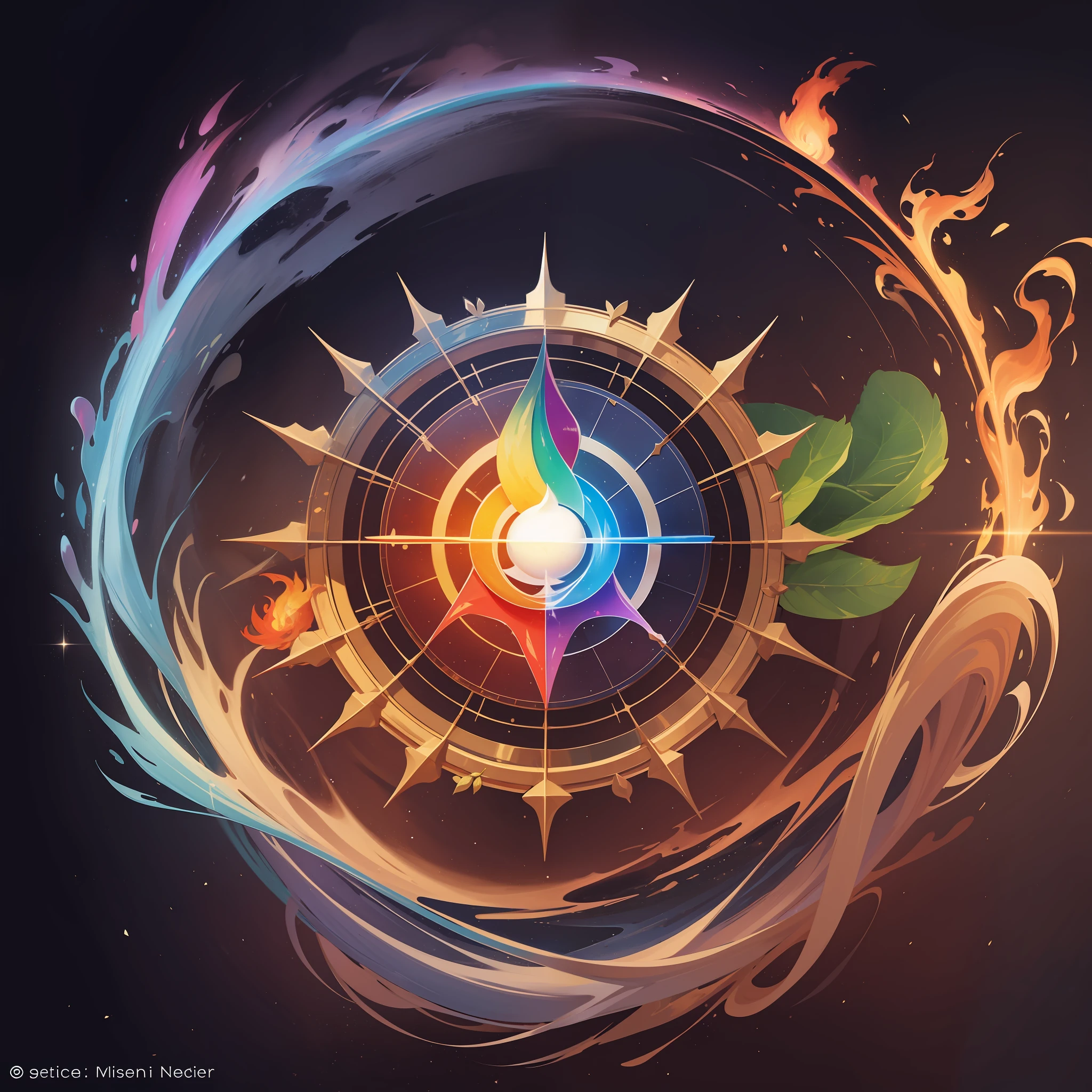 five elements: fire, earth, water, air and ether, represented with emblems.