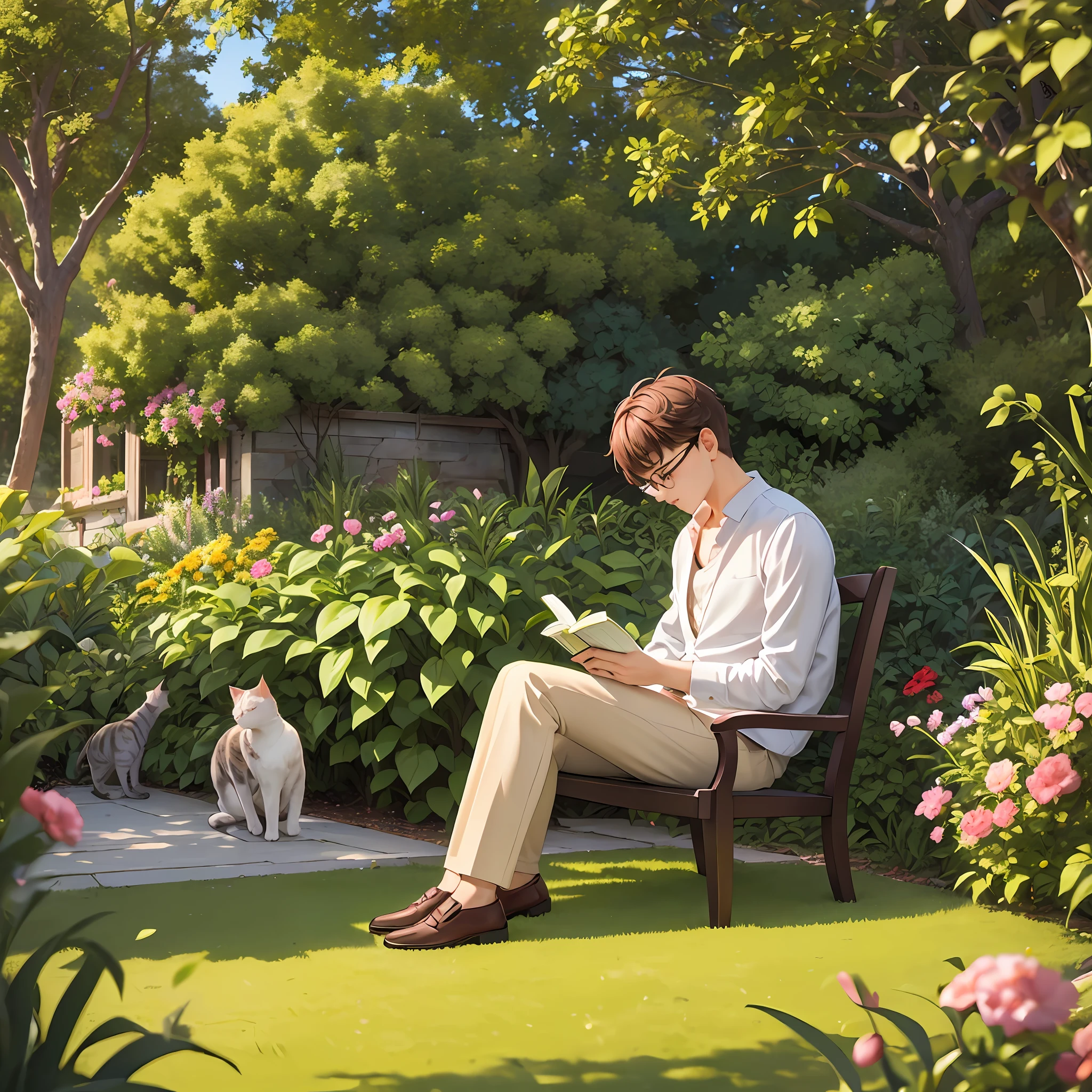 masterpiece, best quality, ultra-detailed), (reminiscent, quiet garden scene, young man with glasses reading a book, next to it is a cat, depth of field, sunny)