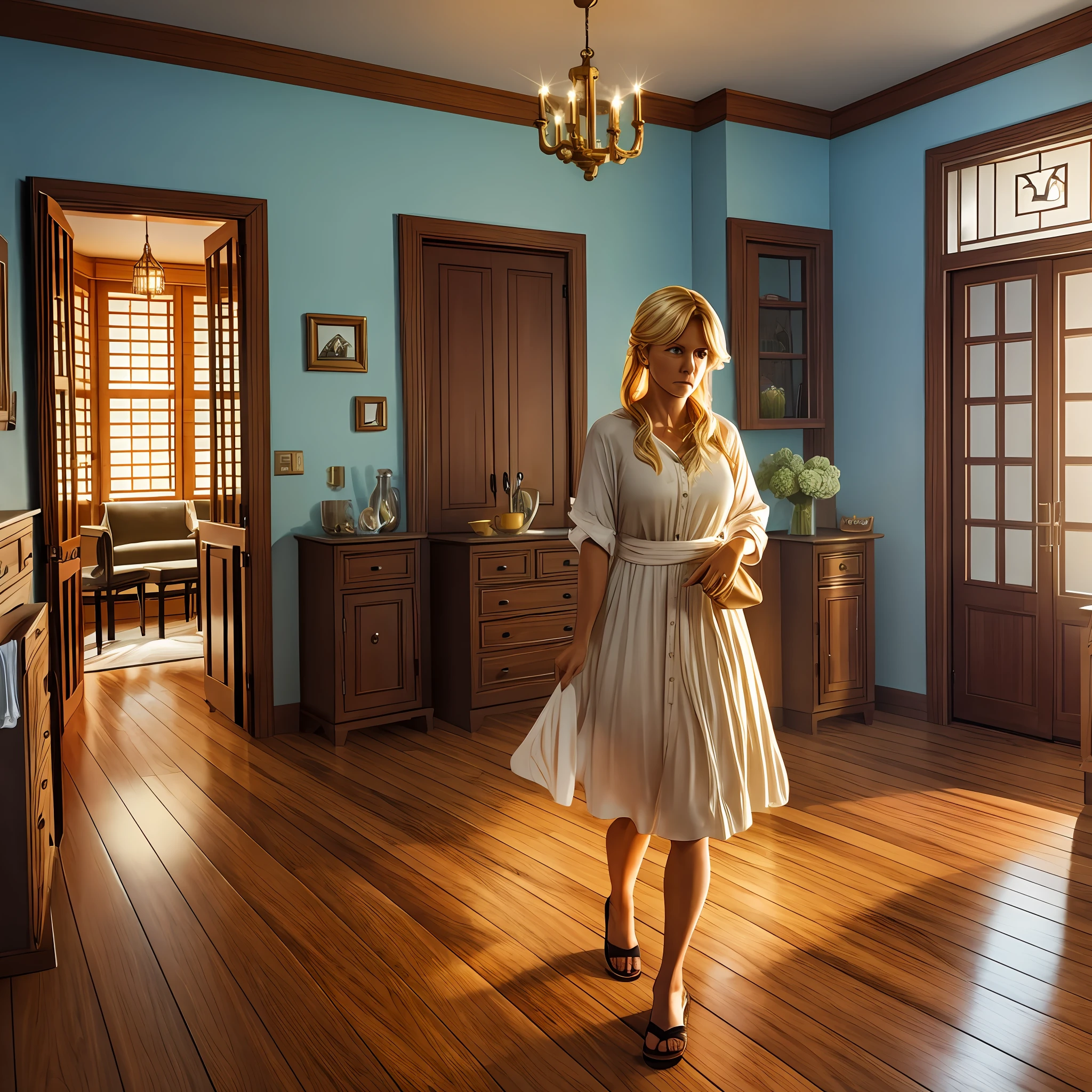 A SCARED BLONDE WOMAN AS SHE ENTERS THE HOUSE AND COMES ACROSS SPIRITS IN HER LIVING ROOM, CARTOONISH, REALISTIC