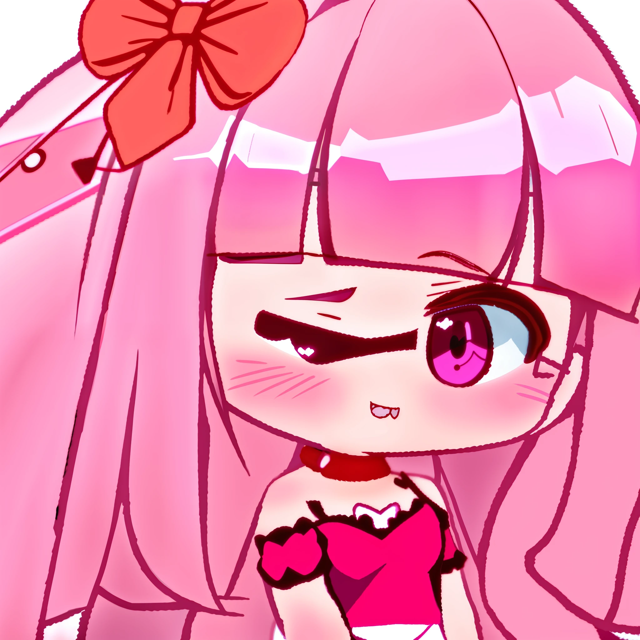 cartoon girl with pink hair and a red bow holding a heart, loli, pink twintail hair and cyan eyes, small curvy loli, [[[[grinning evily]]]], flat anime style shading, chibi, cute anime face, loli in dress, kawaii anime manga style, uwu, ((pink)), in an anime style