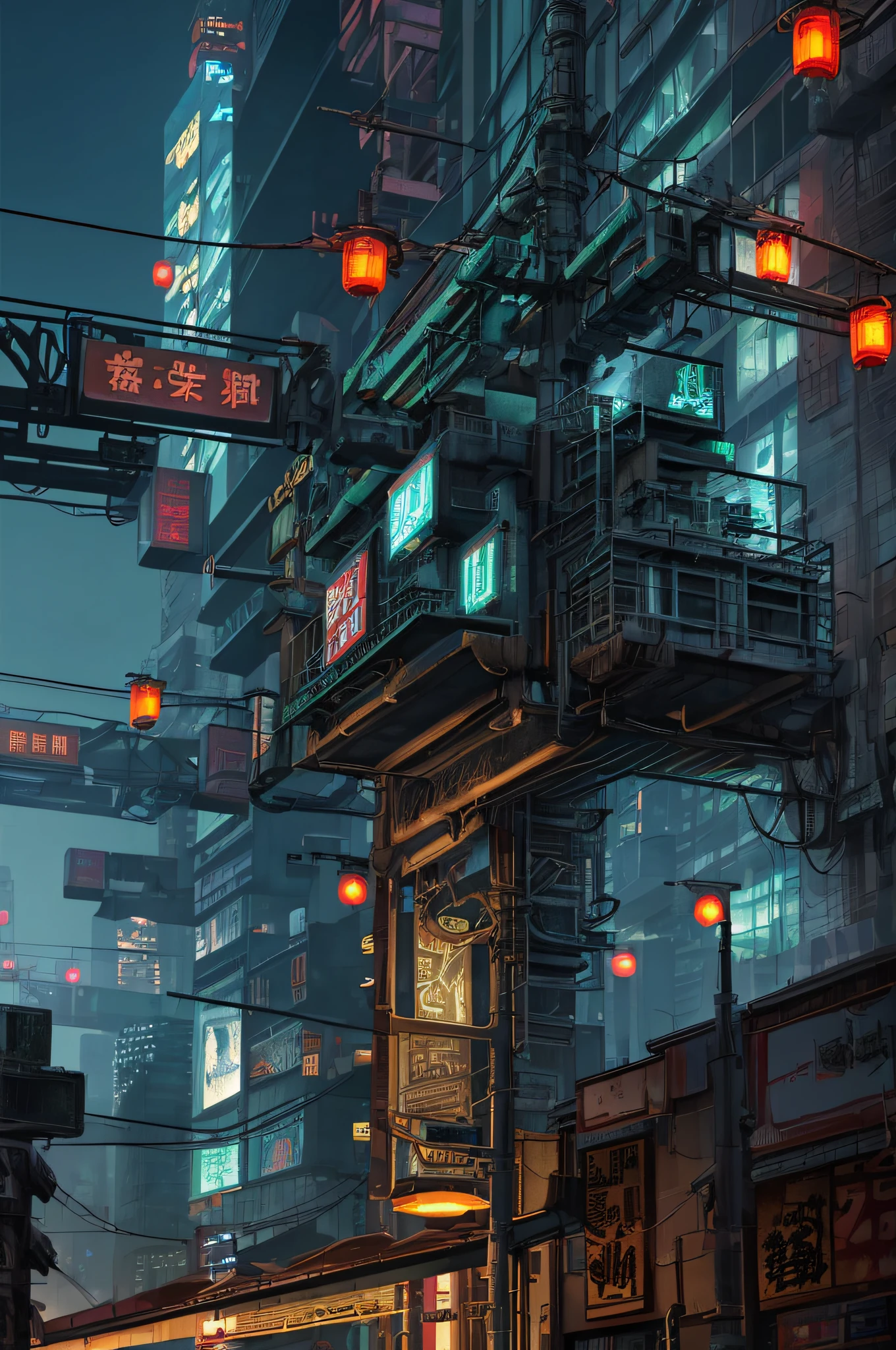 dark cyberpunk city,Chinese characters, global illumination, shadows, octane render, 8k, ultra sharp,metal,intricate, ornaments detailed, cold colors, egypician detail, highly intricate details, realistic light, trending on cgsociety, glowing lights, neon details, machanical vessels connected to tubes,mechanical cervial attaching to ,wires and cables connecting to machine, Cyberpunk city from sci-fi movie, night, shrouded in green smoke, bridge, old shop, Strange Tales from a Chinese Studio, red lanterns, ghosts roaming the streets, irregular, circuit boards, wires, intricate, super detailed, realistic, hyper Realistic, High Quality, Best, Super Detail, Crazy Detail, Very Detailed, Photorealistic, Epic Composition, Best Quality, 32k , no people, no humans --v 6