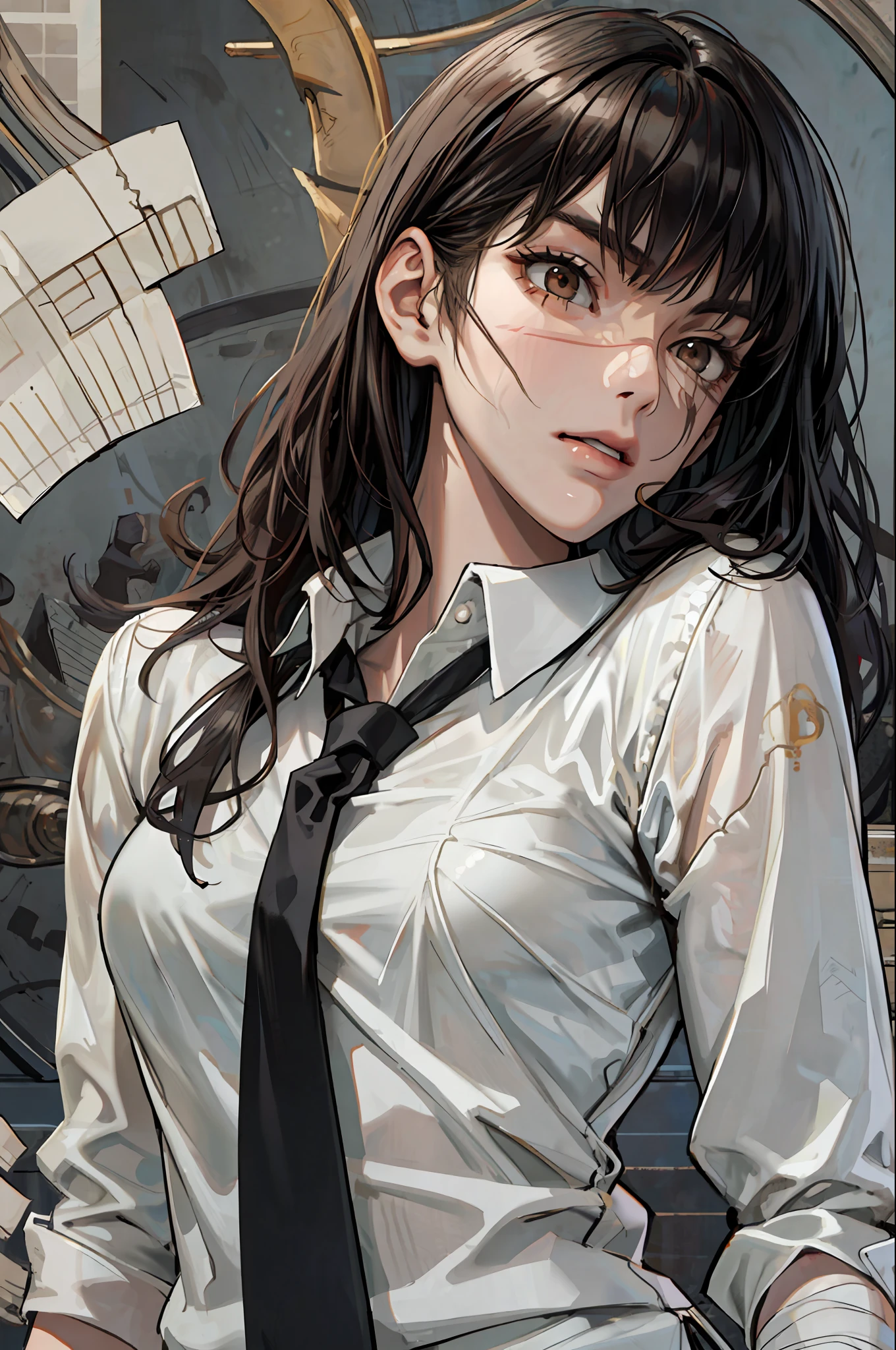 ((masterpiece, best quality)), (1girl), (solo), (female focus), yoru \(chainsaw man\),(very detailed face, real image, realistic white skin, realistic body, intricate details), upper body, serious , brown eyes, looking at the viewer, bandages over the body, black hair, far sleeve shirt, pinaforee dress, black necktie, bandages, bandages, small breasts