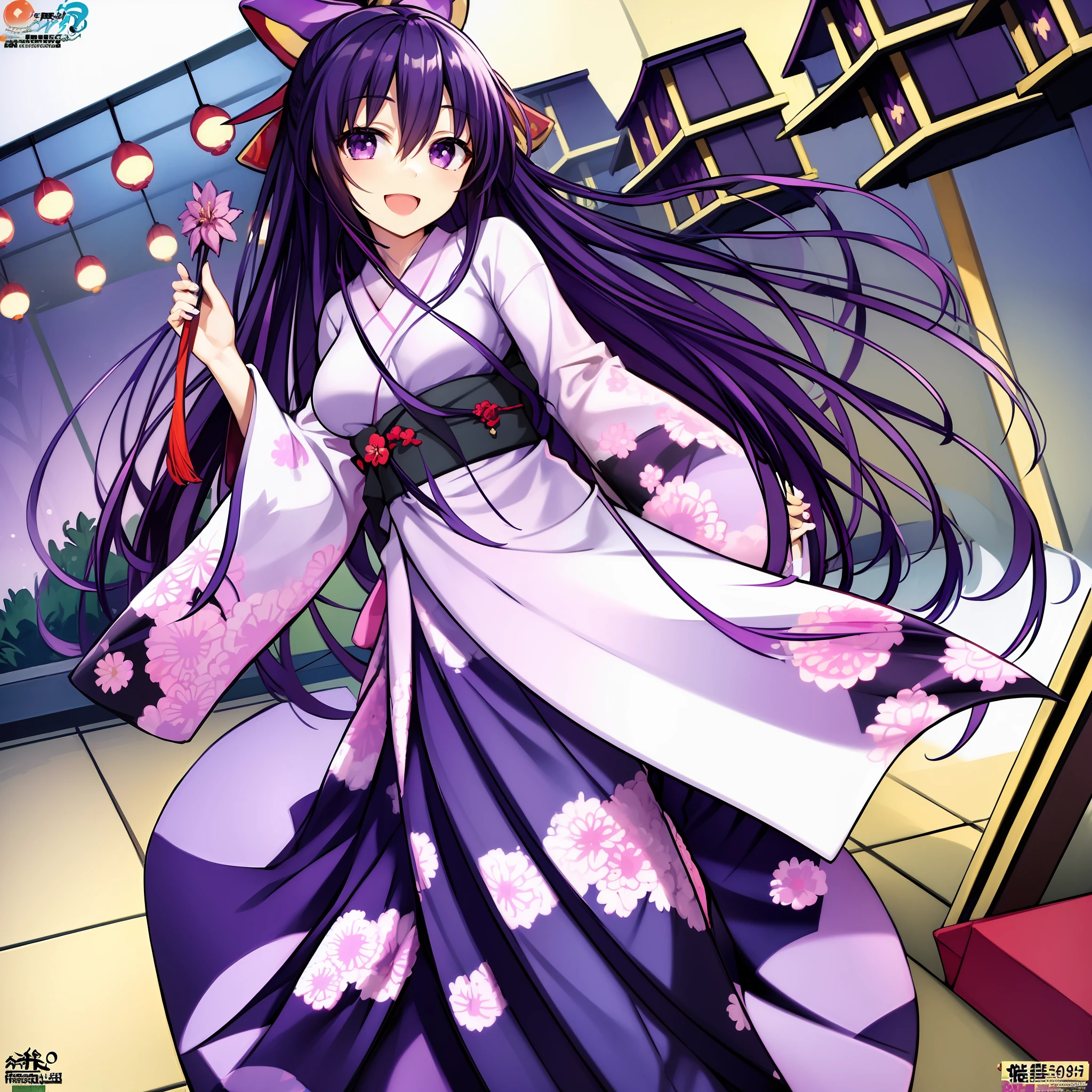 ((masterpiece, best quality, absurdres)), 1girl, tohka, purple long hair, standing, happy, smile, kimono, night time, indoors, holding flower,