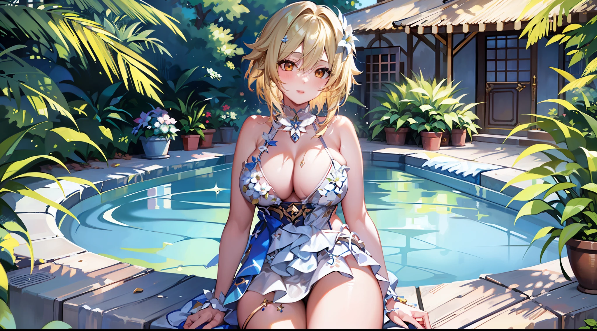 masterpiece, best quality, highy resolution, 1girl, solo, lumine (genshin impact), blonde hair, short hair, white flower ornament hair, lipstick, summer dress, pool, sunny, blushes, big breasts, upper breasts, captivating, attractive, gorgeous, smooth, glowing skin, full body, breasts over the pool