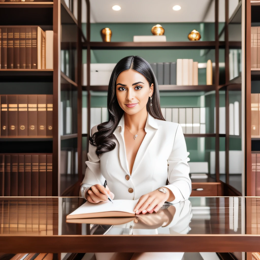 a lawyer looking at the camera, authentic and unique in her office. Very white skin, dark hair, eyes and eyebrows, contrasting with his fair skin. Traces of the face very small and delicate, narrow jaw. She is dressed elegantly, she is wearing a sophisticated orange suit and a white silk shirt with discreet neckline. Her hair is sideways and loose to her shoulders, giving a feminine and modern touch to her professional appearance. She is inside an opulent office that is a mix of modern sophistication and classic elegance. Expansive floor-to-ceiling windows offer a breathtaking view of the city skyline, pouring out an abundance of natural light. A state-of-the-art floor lamp casts a warm glow throughout the room. Luxurious touches, green plants in pots contribute to the overall atmosphere of discreet luxury. The image should convey the essence of a lawyer who is confident, intelligent and independent, who is not afraid to stand out and do things her way. The lawyer is standing, leaning on the edge of her rustic wooden desk, surrounded by a mix of legal documents, law books and an open laptop. In one hand rests lightly on the table, next to a nearly empty coffee cup