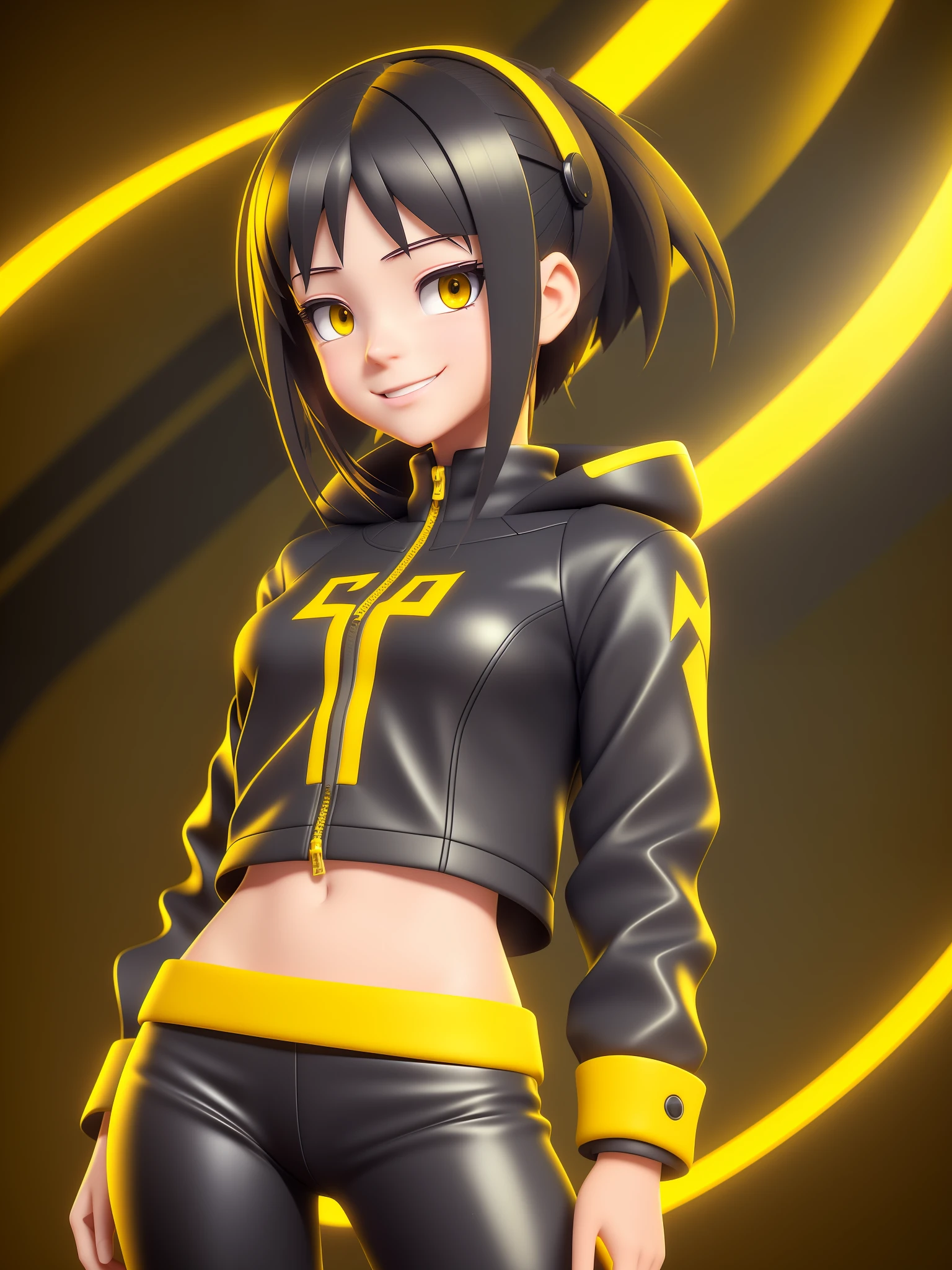 Young girl, a cartoon character dark yellow outfit, expression with ((melancholic smile)), (dark hair up to shoulder), yellow eyes, stylized character, animation character, stylized 3d render, 3d character, highly detailed character, stylized anime, stylized 3d, render character, character model, close up, maximum quality