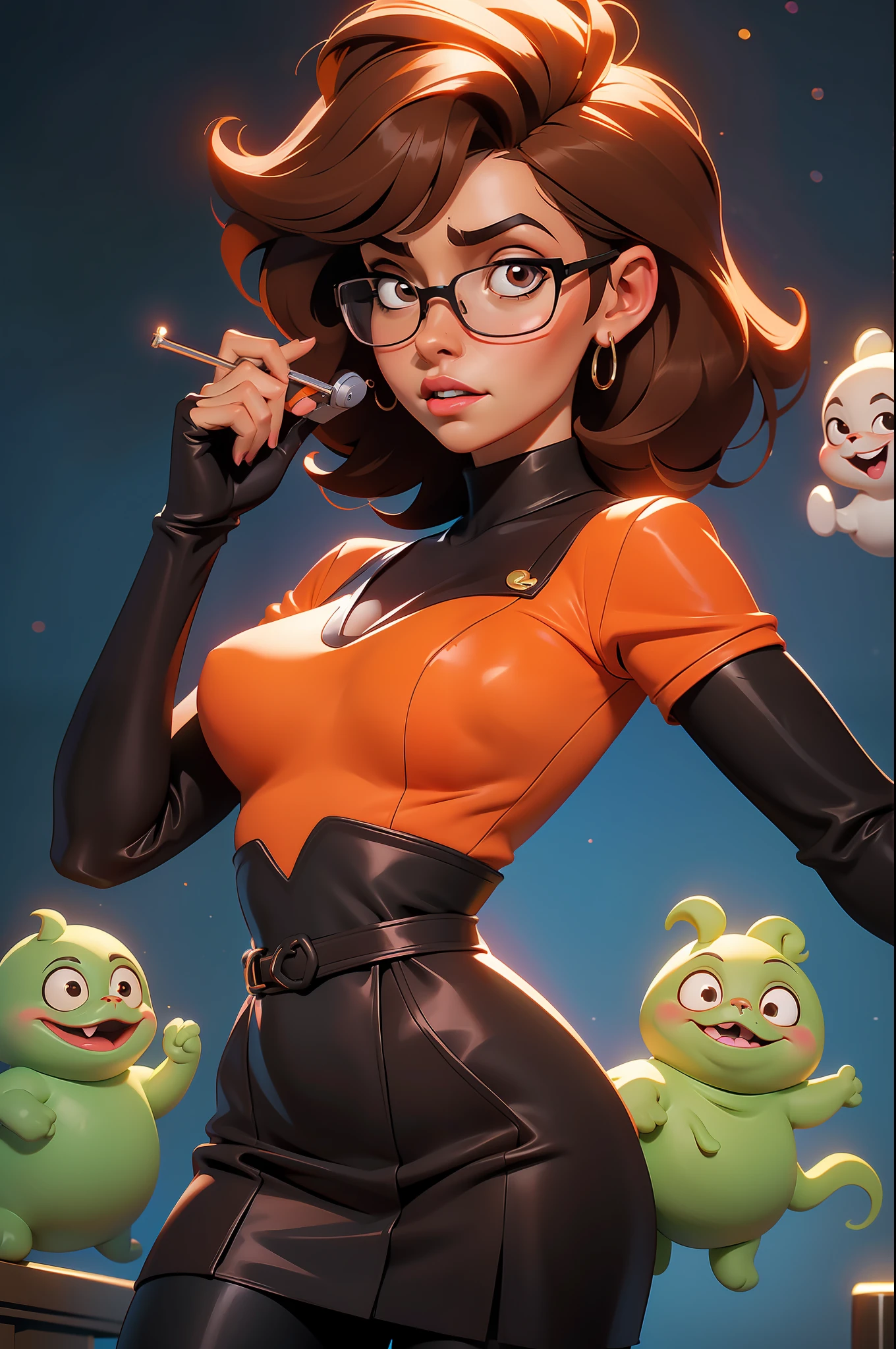 (((waist up))), (((perfect body))), (((voluptuous))), (((hot))), thick thighs, Velma Dace Dinkley teenager (from the Scooby-Doo series), posing for self with a ghost behind her, arm stretched out for freight as if she were holding a cell phone, comedic scene, perfect body, gorgeous and intelligent face, front view, mini skirt, glasses, big breasts, hot, short brown hair, orange turtleneck blouse, red skirt, waist up