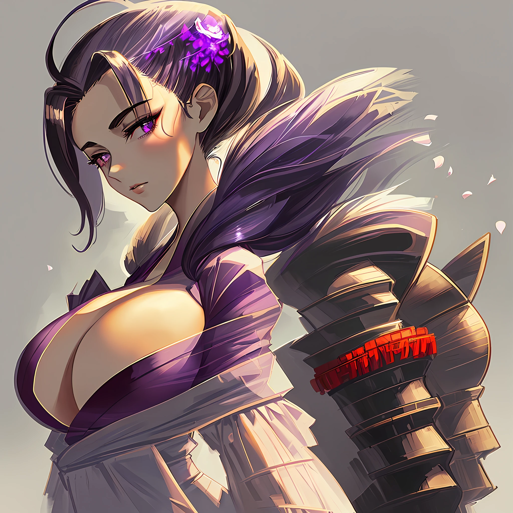 (An extremely delicate and beautiful) young woman with (long black high ponytail:1.2), (black parted bangs: 1.3) (violet eyes:1.3), (large breasts:1.4), is dressed in (tight+skimpy+red and white see-through kimono:1.3). Focus on (face:1.4) and present a (charming:1.2) expression. Large forehead, large forehead, large breasts, massive cleavage, (large forehead: 0.7), (massive cleavage: 1.4), (one woman: 3.2), (red kimono: 0.5), (white kimono: 0.5), (1girl: 2.5)