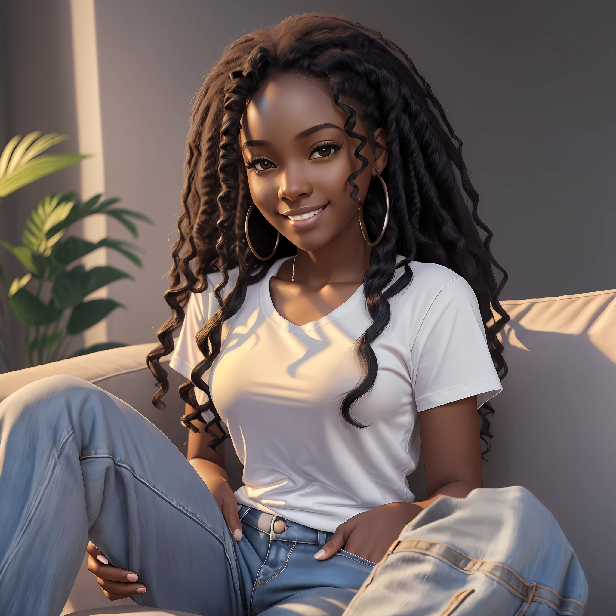 realistic portrait of a beautiful 9-month-old African-American girl ((dark skin color)) writing and a notebook, ((chibi)), cute smile, ((sitting on a living room couch)), wearing white T-shirt and jeans, current fashion, mega hair long curly hair, ((kanekalon)), (cinematic contour lighting), close-up, product preview, detailed facial details, perfect face,  sharpness, trendy art, sharp facial details, cgsociety, very high quality digital art, exquisite hyper detail, 4k, 3d, 8k soft lighting, dreamy --ISO 100, fashion --air 9:16 --auto --s2