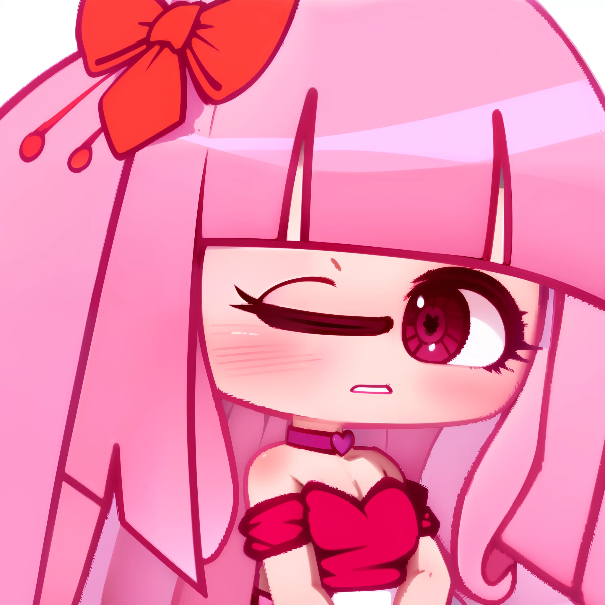 cartoon girl with pink hair and a red bow holding a heart, loli, pink twintail hair and cyan eyes, ??????????? loli, [[[[grinning evily]]]], flat anime style shading, chibi, cute anime face, loli in dress, kawaii anime manga style, uwu, ((pink)), in an anime style