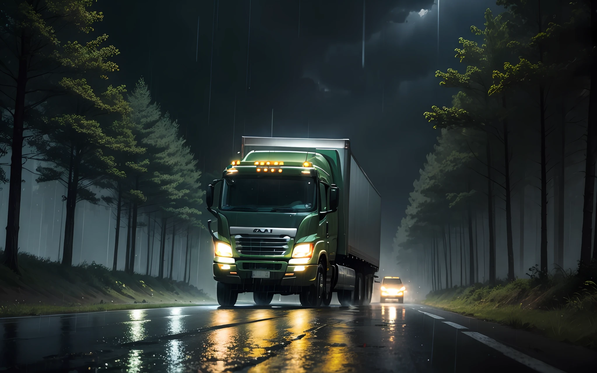 a truck on the road, at night, rain, in the middle of a forest --auto --s2