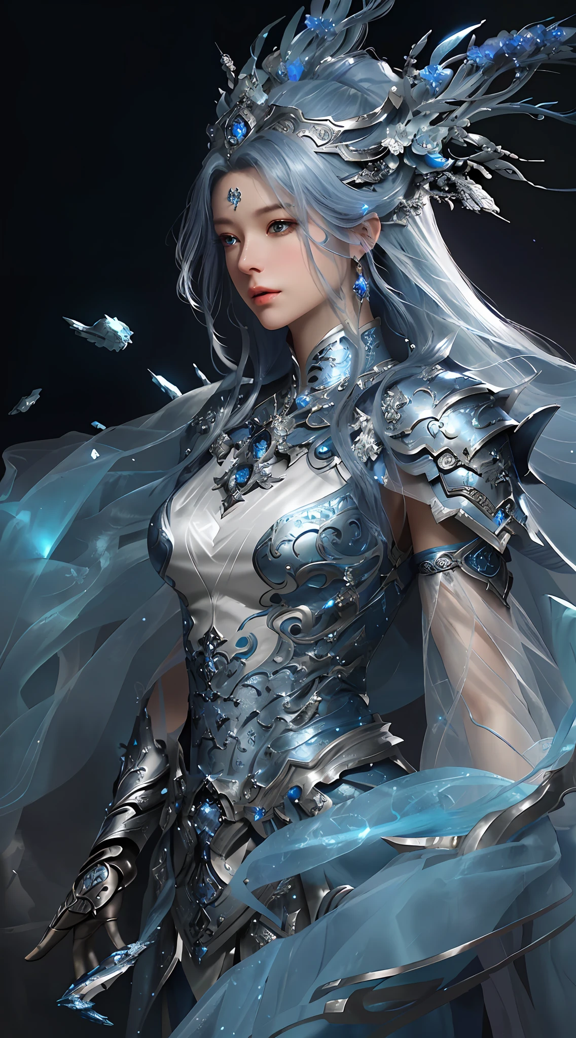 a close up of a woman in a silver and blue dress, chengwei pan on artstation, by Yang J, detailed fantasy art, stunning character art, fanart best artstation, epic exquisite character art, beautiful armor, extremely detailed artgerm, detailed digital anime art, artgerm on artstation pixiv, armor girl