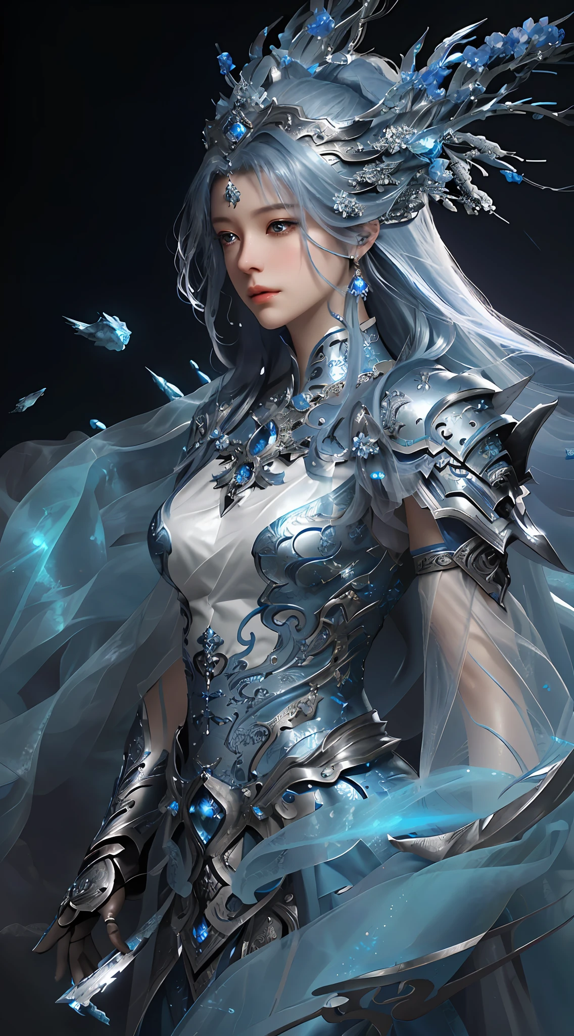 a close up of a woman in a silver and blue dress, chengwei pan on artstation, by Yang J, detailed fantasy art, stunning character art, fanart best artstation, epic exquisite character art, beautiful armor, extremely detailed artgerm, detailed digital anime art, artgerm on artstation pixiv, armor girl