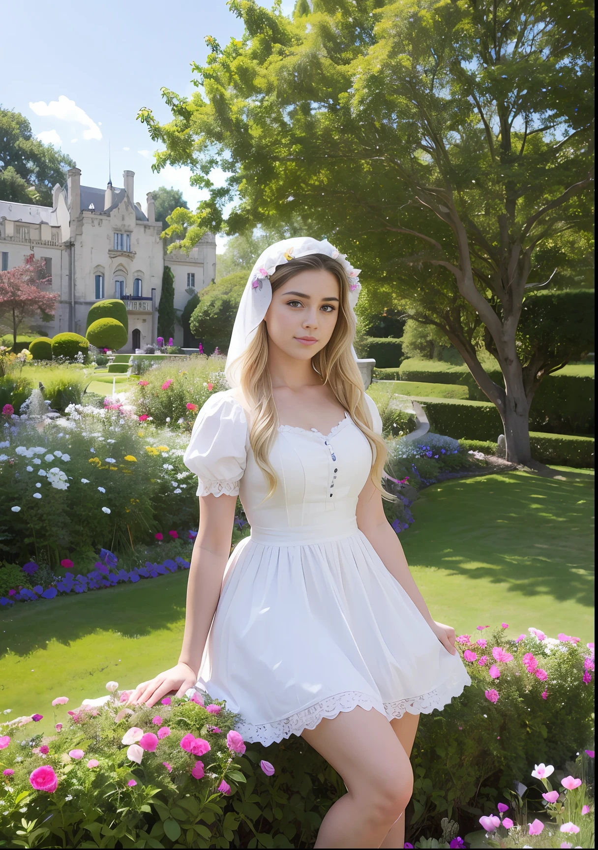 realistic, photorealistic, masterpiece, best quality, Lauren Jauregui happy blonde, alone, sitting, (in the flower garden of the castle), looking at the viewer, hand on hip, lolita_dress, (white thighs), bonnet, flower,