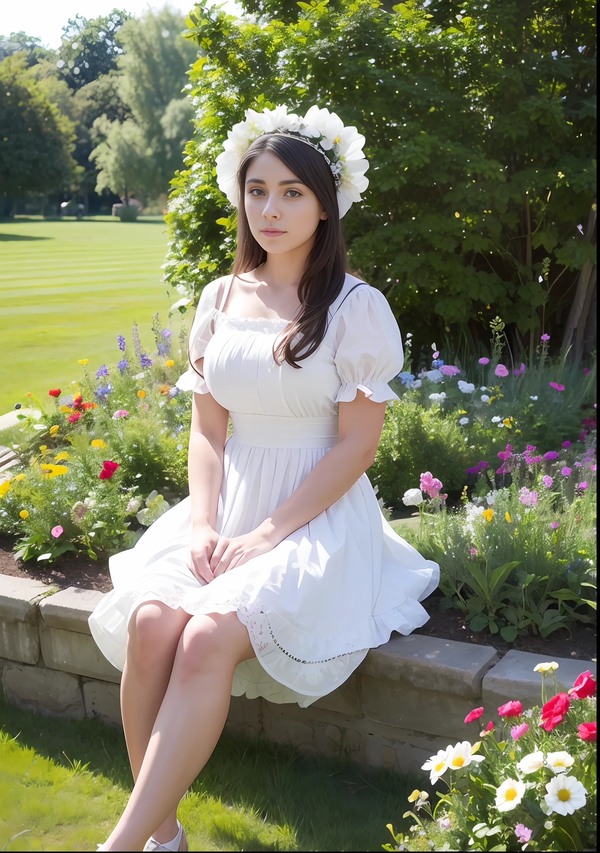 realistic, photorealistic, masterpiece, best quality, Lauren Jauregui happy blonde, alone, sitting, (in the flower garden of the castle), looking at the viewer, hand on hip, lolita_dress, (white thighs), bonnet, flower,