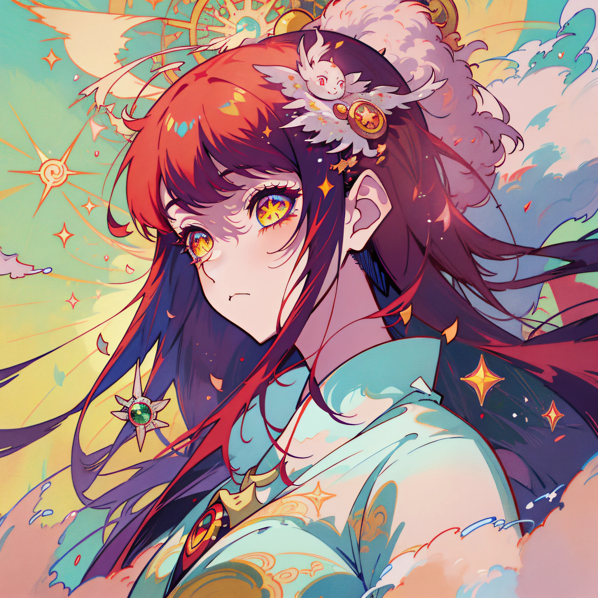Concept art, portrait of Amaterasu who became a dragon from Japan mythology, charming priestess, wearing a business suit, red hair, sun god, ryujin, anime girl, green and yellow odd-eyed, kaleidoscope beautiful eyes, shining like the sun, superstar, NFT art, Ethereum, using only pastel color palette, kawaii, retro-futuristic, The most beautiful images, 4K and anime art