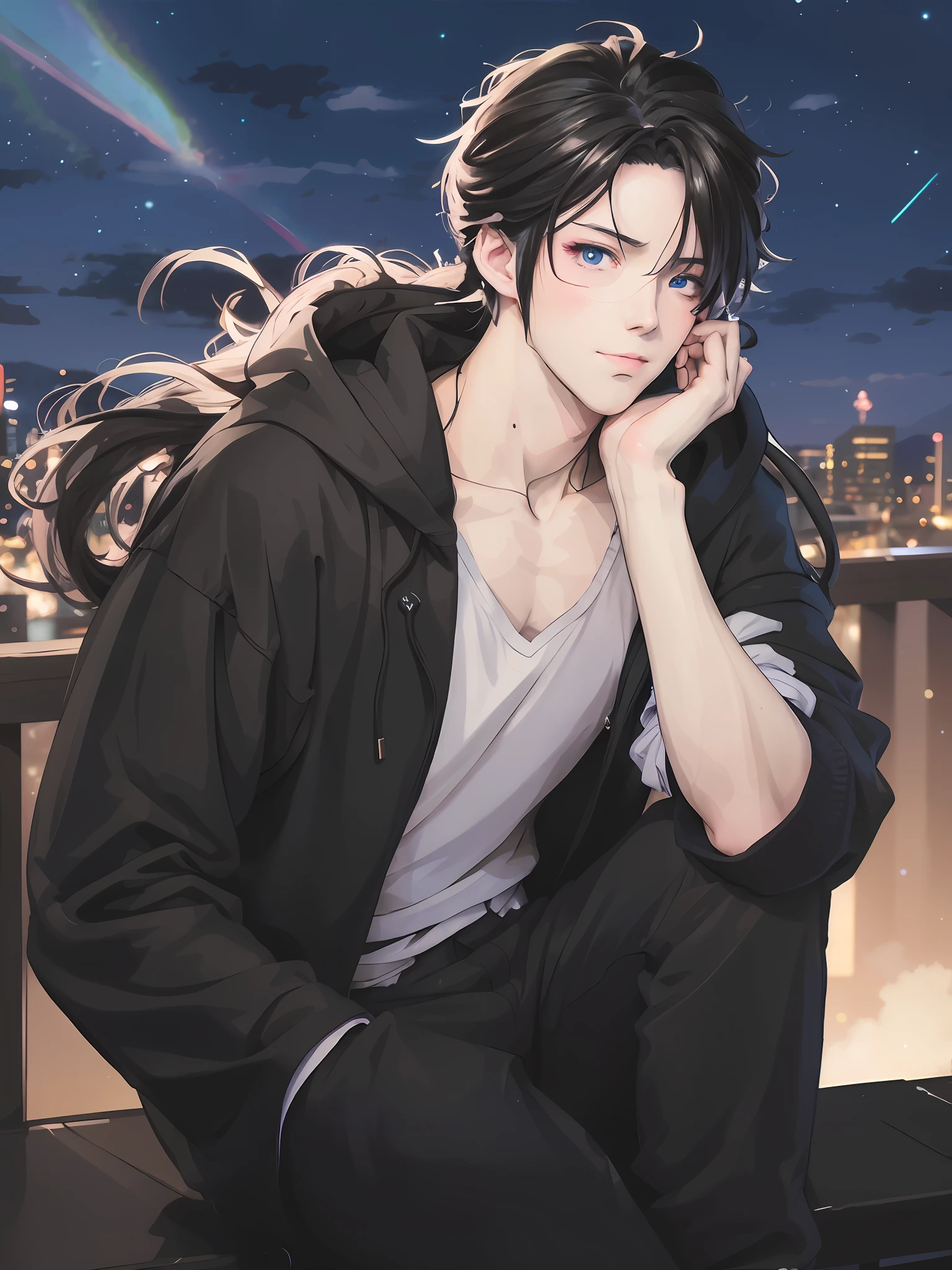 anime guy sitting on a ledge with his hand on his chin, tall anime guy with blue eyes, anime handsome man, handsome guy in demon slayer art, handsome anime pose, anime portrait of a handsome man, male anime style, young anime man, handsome japanese demon boy, male anime character, kentaro miura manga art style, digital anime illustration, anime style portrait