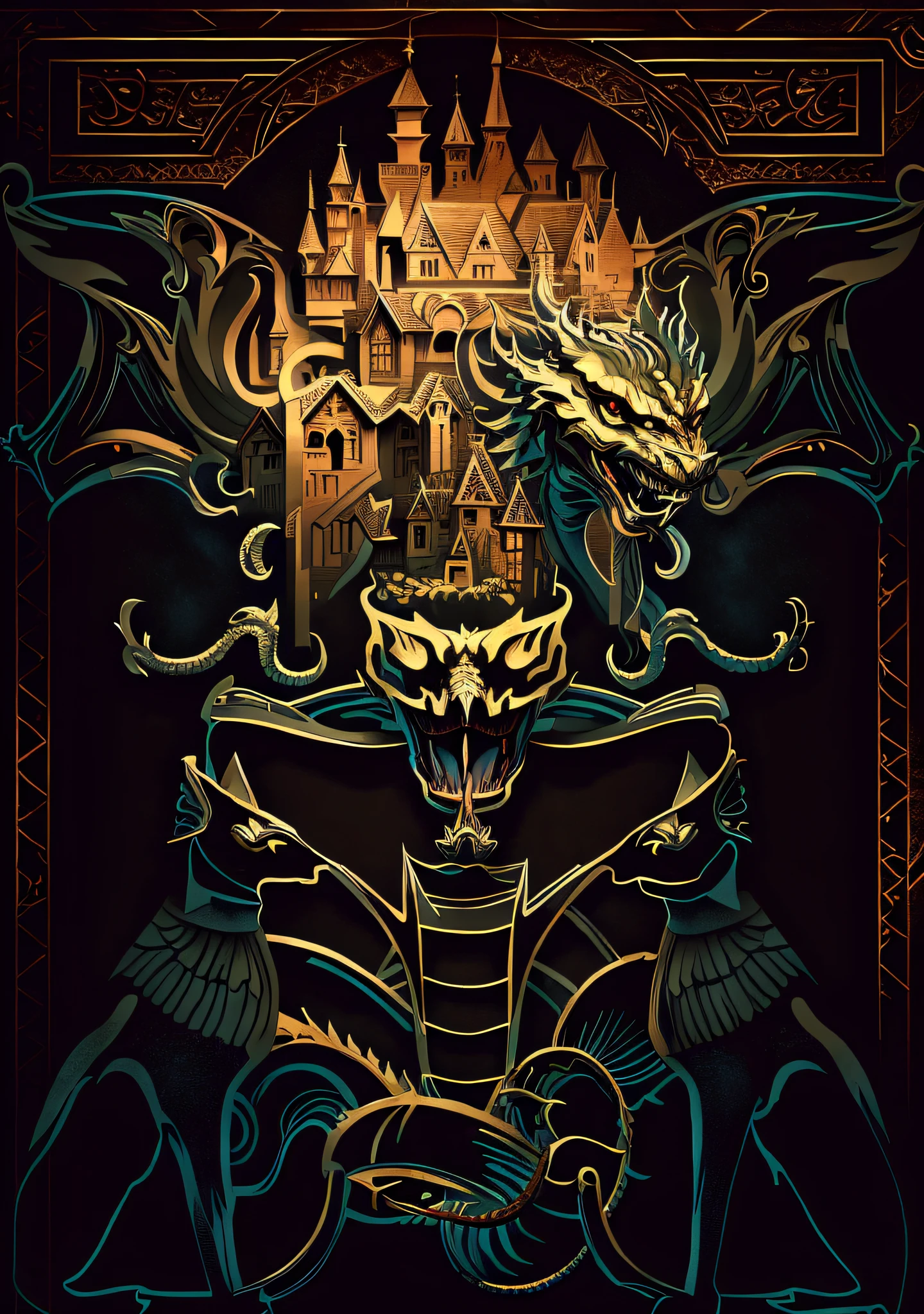 a close up of a drawing of a castle with a dragon on it, highly detailed dark art, in style of dark fantasy art, dark fantasy illustration, abstract occult epic composition, dark art style, dungeon and dragon illustration, inspired by Samuel Hieronymus Grimm, high detailed official artwork, gothic art style, an ominous fantasy illustration, dark but detailed digital art