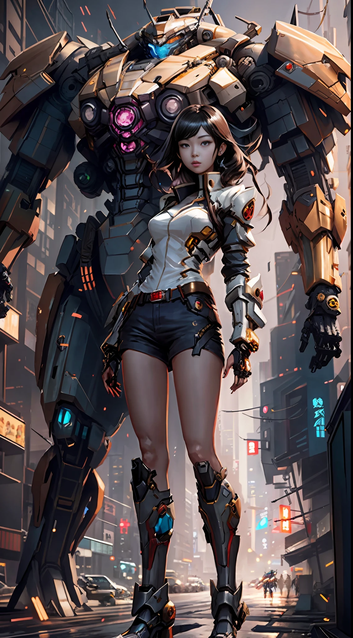 Boutique,best quality,Gold jewelry,(slip out feet),Fairy skin,(Fidelity :1.2),Standing,Super Detailed,realistic,High quality,Movie Light,Ray tracking,Ultra HD,Upper body
Girl in shorts and jacket standing next to giant robot, Guweiz-style artwork, CyberPunk mecha, Trends on CGSTATION, Guweiz, Russell Dongjun Lu, Digital Cyberpunk Anime Art, Ross Tran 8 K, Guweiz on ArtStation Pixiv, Girl in Mecha Network Armor, Yang Ying's face