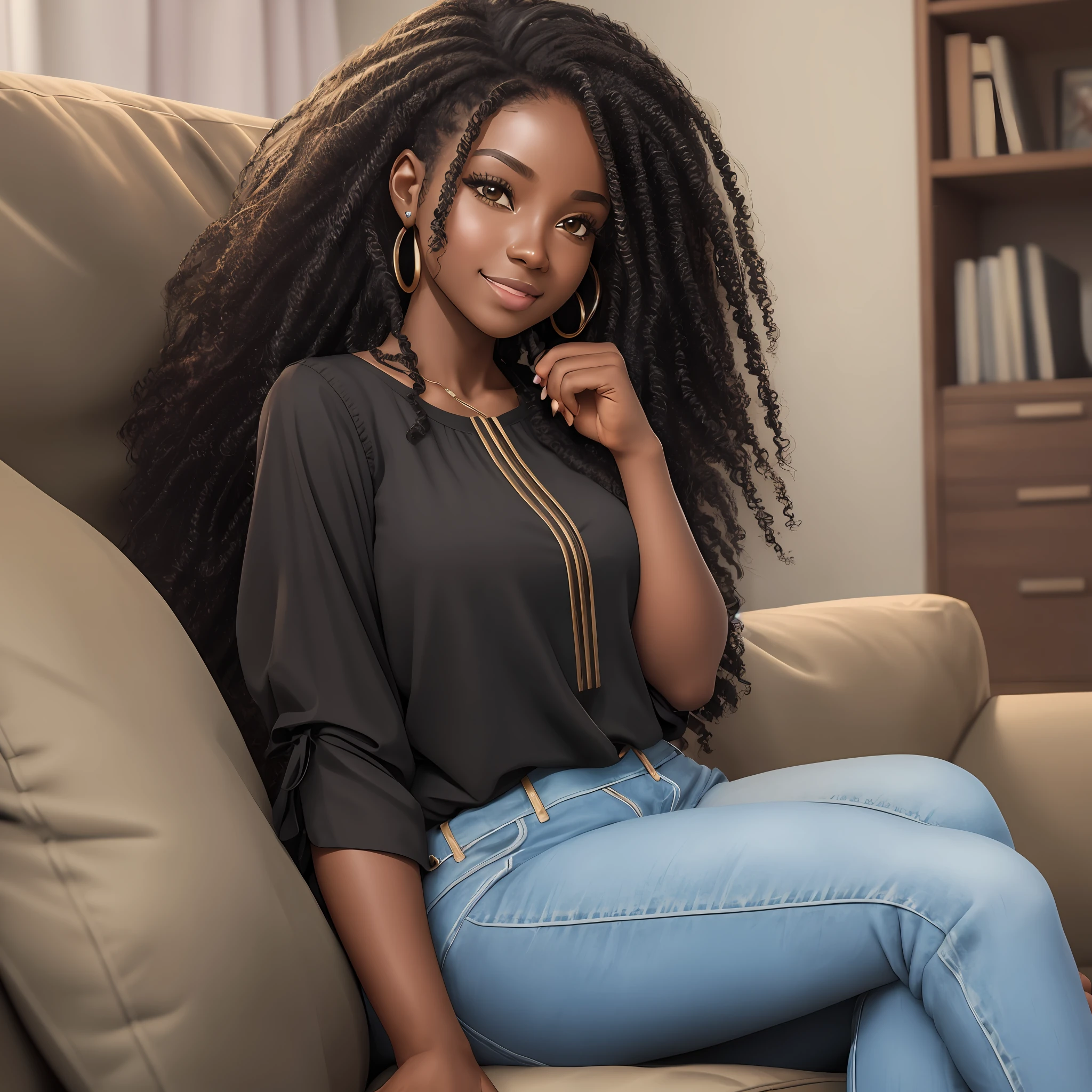 realistic portrait of a beautiful 9 month old African American baby girl ((dark skin color)) writing in a notebook, ((chibi)), cute smile, ((sitting on a sofa in living room)), wearing black blouse and jeans , current fashion , mega long curly hair, ((kanekalon)), (cinematic Contour lighting), close-up, product preview, detailed facial details, perfect face, sharpness, trend art, sharp facial details, cgsociety , very high quality digital artwork, exquisite hyper detail , 4k, 3D, 8k soft lighting, dreamy --iso 100, fashion --ar 9:16 --auto --s2