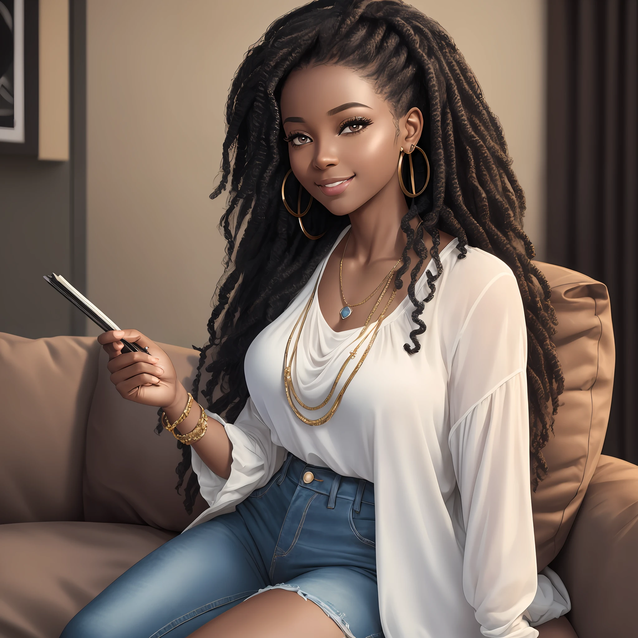 realistic portrait of a beautiful 9 month old African American baby girl ((dark skin color)) writing in a notebook, ((chibi)), cute smile, ((sitting on a sofa in living room)), wearing black blouse and jeans , current fashion , mega long curly hair, ((kanekalon)), (cinematic Contour lighting), close-up, product preview, detailed facial details, perfect face, sharpness, trend art, sharp facial details, cgsociety , very high quality digital artwork, exquisite hyper detail , 4k, 3D, 8k soft lighting, dreamy --iso 100, fashion --ar 9:16 --auto --s2