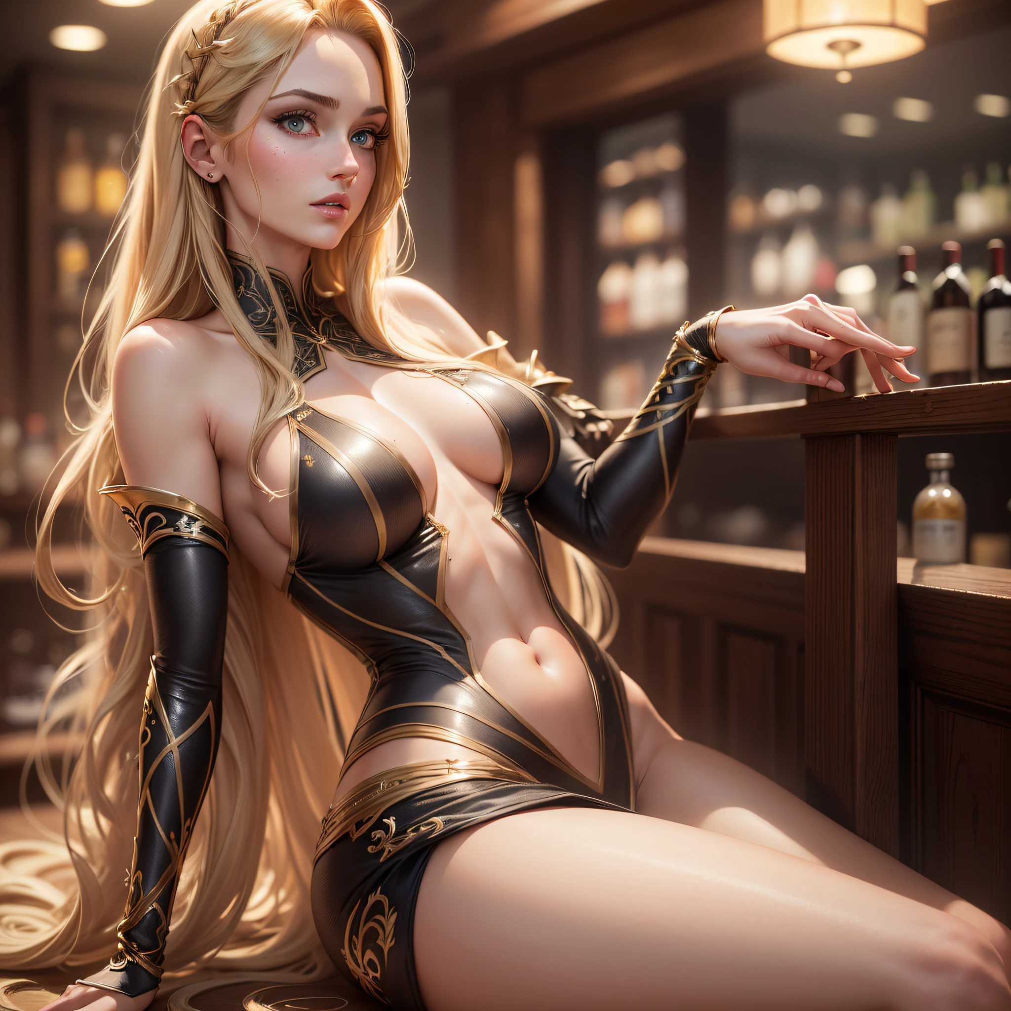 (Best Quality, High Resolution, Masterpiece: 1.3), a tall perfect woman with a slim figure, (Rapunzel), dressed sexy revealing, in a bar, details of face and skin texture beautifully presented, detailed eyes, double eyelids, sexy pose, realistic, leaky half breastball, full body shot --auto --s2