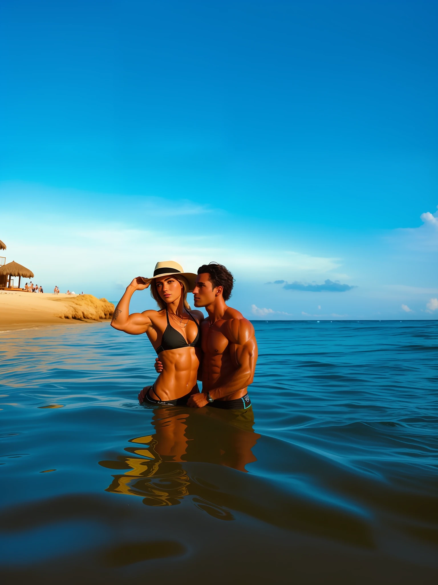 Two people with muscular and beautiful features, on a paradisiacal, cinematic beach