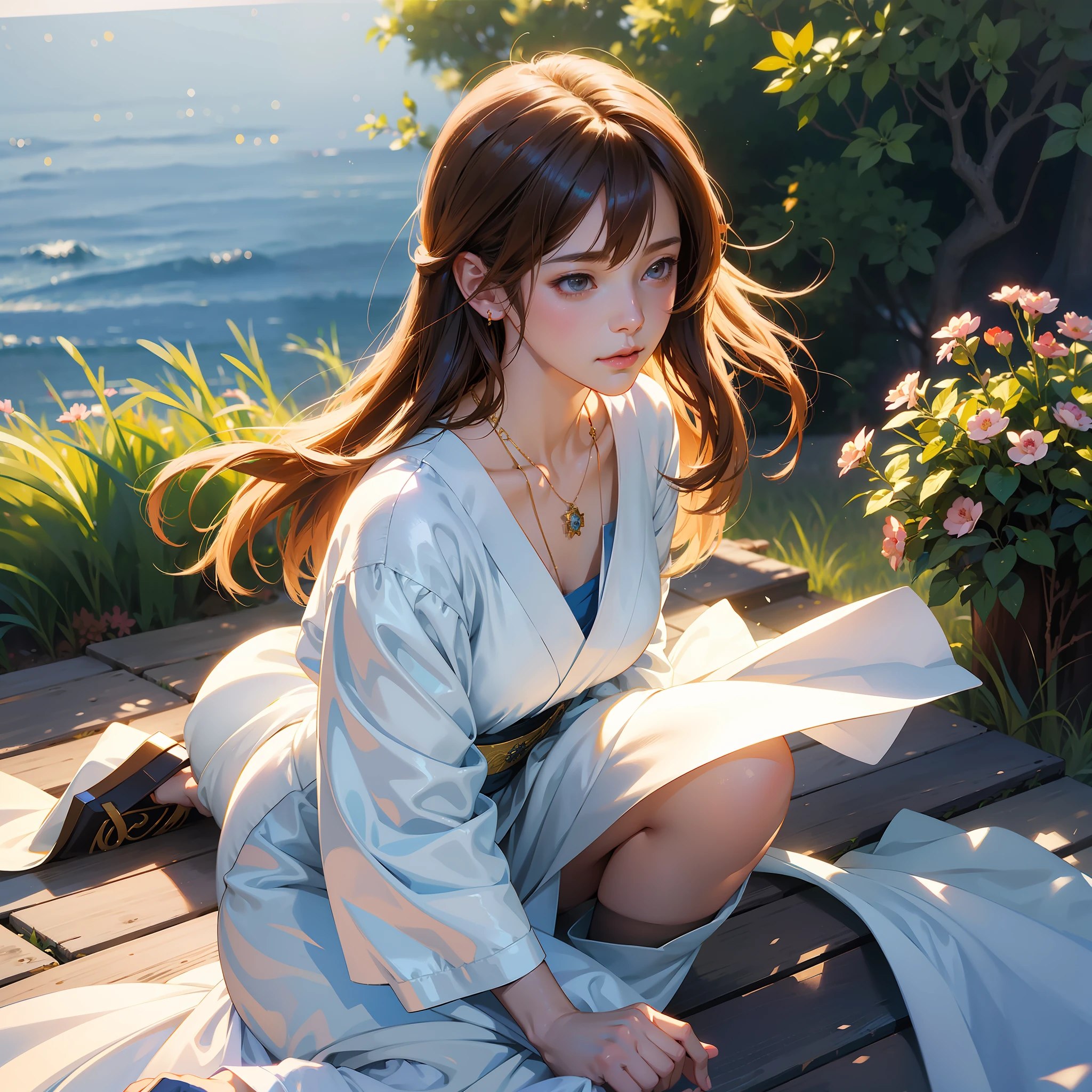 Final fantasy (Yuna) Anime girl with brown hair and a white kimono dress holding her necklace, beautiful character painting, soft anime CG art, realistic anime art style, beautiful anime portrait, beautiful anime woman, photorealistic anime girl rendering, Makoto Shinkai and Artgerm, realistic 3D anime style, anime realism style,  Anime Style Digital Art, Beautiful Anime Girl