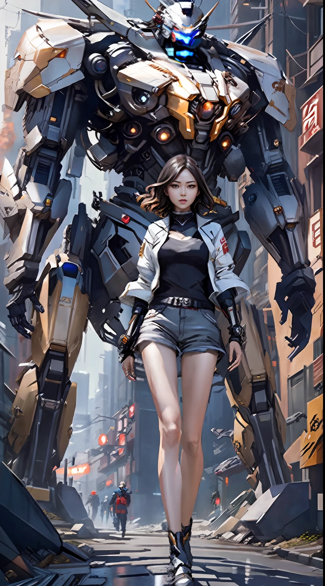 Boutique,best quality,Gold jewelry,(slip out feet),Fairy skin,(Fidelity :1.2),Standing,Super Detailed,realistic,High quality,Movie Light,Ray tracking,Ultra HD,Upper body
Girl in shorts and jacket standing next to giant robot, guweiz-style artwork, cyberpunk mecha, trend on cgstation, guweiz, Russell Dongjun Lu, digital cyberpunk anime art, ross tran 8 k, guweiz on artstation pixiv, girl in mecha network armor, Yang Ying's face, giant robot is 5 times bigger than a girl