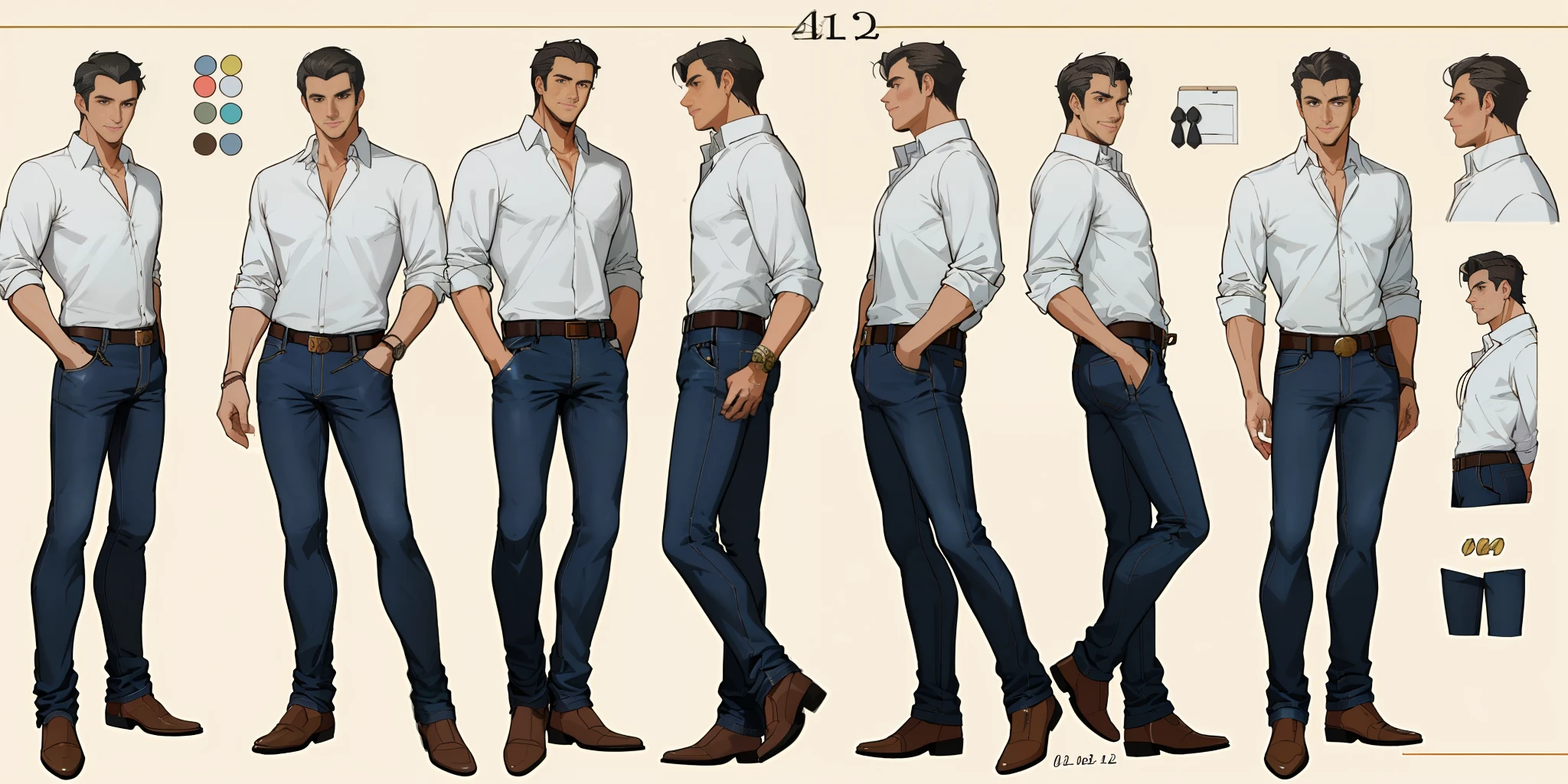 Best quality, 1 adult man, character sheet, concept art, (full body, masterpiece: 1.2), (best quality: 1.3), handsome Brazilian man, short messy hair, 1 fitted man on his 40s, ANTIQUE JEANS WEARING A SIMLES BUTTON-DOWN SHIRT, insecure pose, with short black messy hair, standing --SEED DUKE