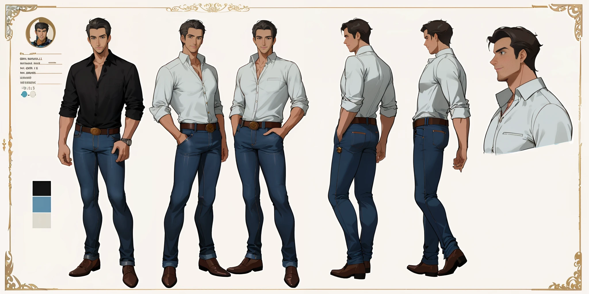Best quality, 1 adult man, character sheet, concept art, (full body, masterpiece: 1.2), (best quality: 1.3), handsome Brazilian man, short messy hair, 1 fitted man on his 40s, ANTIQUE JEANS WEARING A SIMLES BUTTON-DOWN SHIRT, insecure pose, with short black messy hair, standing --SEED DUKE
