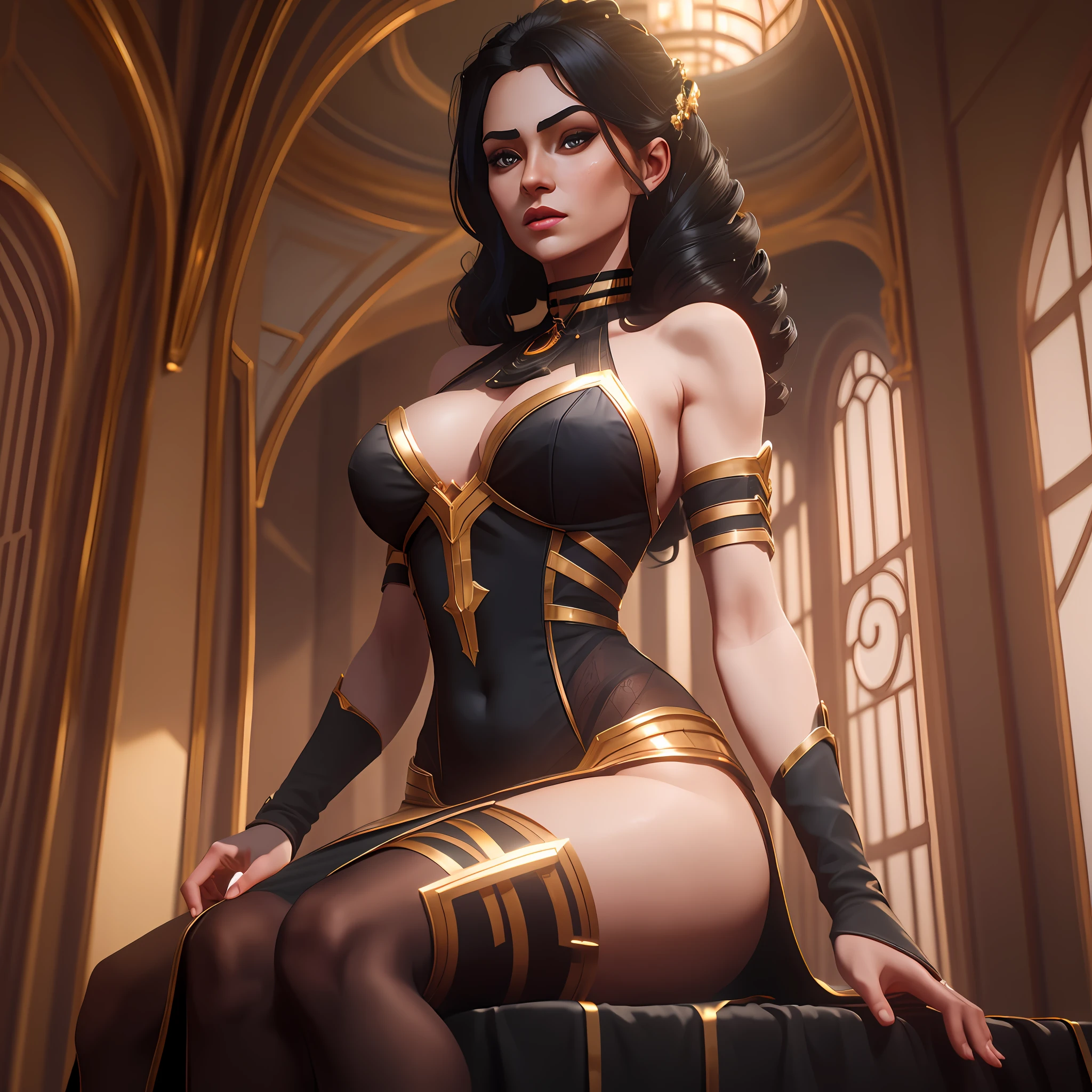 ((Best quality)) a beautiful woman with black dresses [ black dresses with golden parts ] and short wavy black hair (with golden strands), golden eyes, serious look, pale skin, sitting, whitish skin, sexy body, night lighting, location: castle, HDR (High Dynamic Range),Radiosity, Depth of field, Maximum clarity and sharpness, Multilayer textures, and specular maps, Surface shading,  Accurate simulation of light-material interaction, Perfect proportions, Two-tone lighting,Wide aperture,ISO,White balance,Rule of thirds,