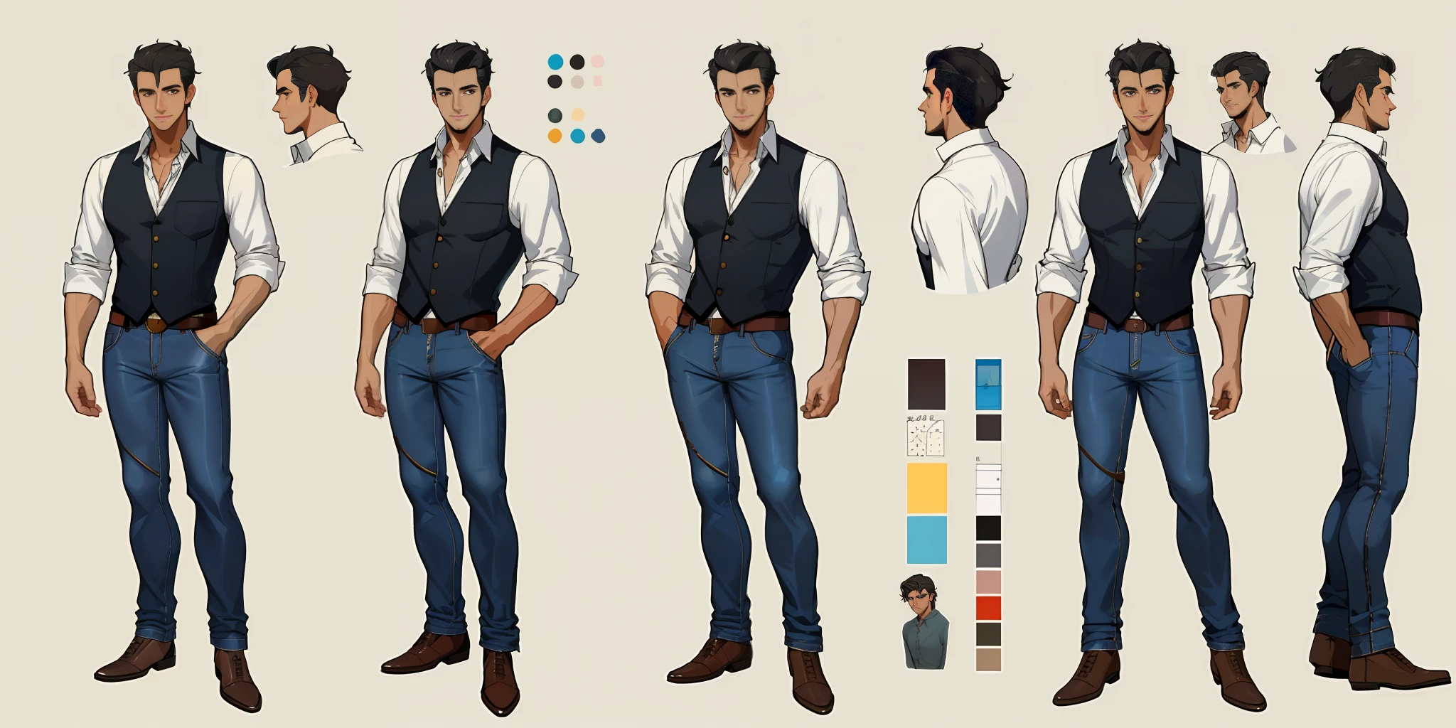 Best quality, 1 adult man, character sheet, concept art, (full body, masterpiece: 1.2), (best quality: 1.3), handsome Brazilian man, short messy hair, 1 fitted man on his 40s, ANTIQUE JEANS WEARING A SIMLES BUTTON-DOWN SHIRT, insecure pose, with short black messy hair, standing --SEED DUKE