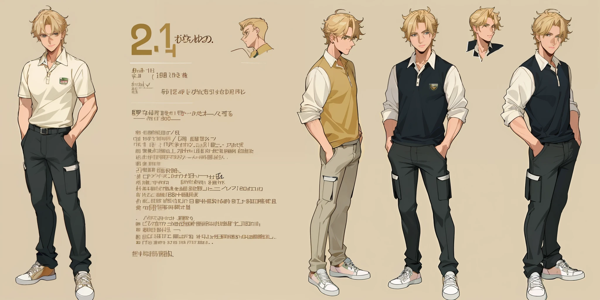 Best quality, 1 adult man, character sheet, concept art, (full body, masterpiece: 1.2), (best quality: 1.3), handsome Australian man, short blonde messy hair, 1 fitted man on his 40s, wearing a cargo shorts, fancy sneakers and polo shirt, winner attitude pose, with short blonde messy hair, standing --SEED DUKE