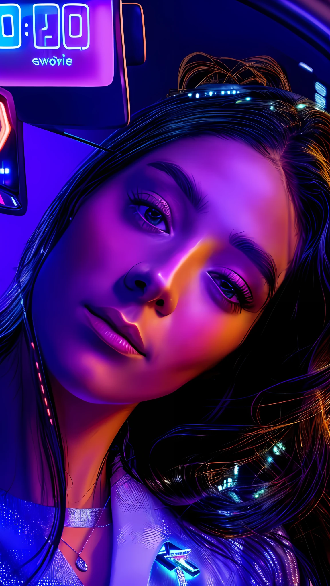 there is a woman taking a picture of herself in a car, glowwave girl portrait, stunning digital illustration, realistic digital art 4 k, realistic digital art 4k, 8 k realistic digital art, hyperrealistic digital painting, 4k highly detailed digital art, photorealistic digital arts, cyberpunk art ultrarealistic 8k, digital art. artstation, beautiful digital artwork