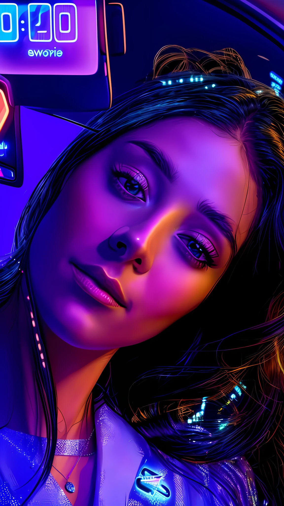 there is a woman taking a picture of herself in a car, glowwave girl portrait, stunning digital illustration, realistic digital art 4 k, realistic digital art 4k, 8 k realistic digital art, hyperrealistic digital painting, 4k highly detailed digital art, photorealistic digital arts, cyberpunk art ultrarealistic 8k, digital art. artstation, beautiful digital artwork