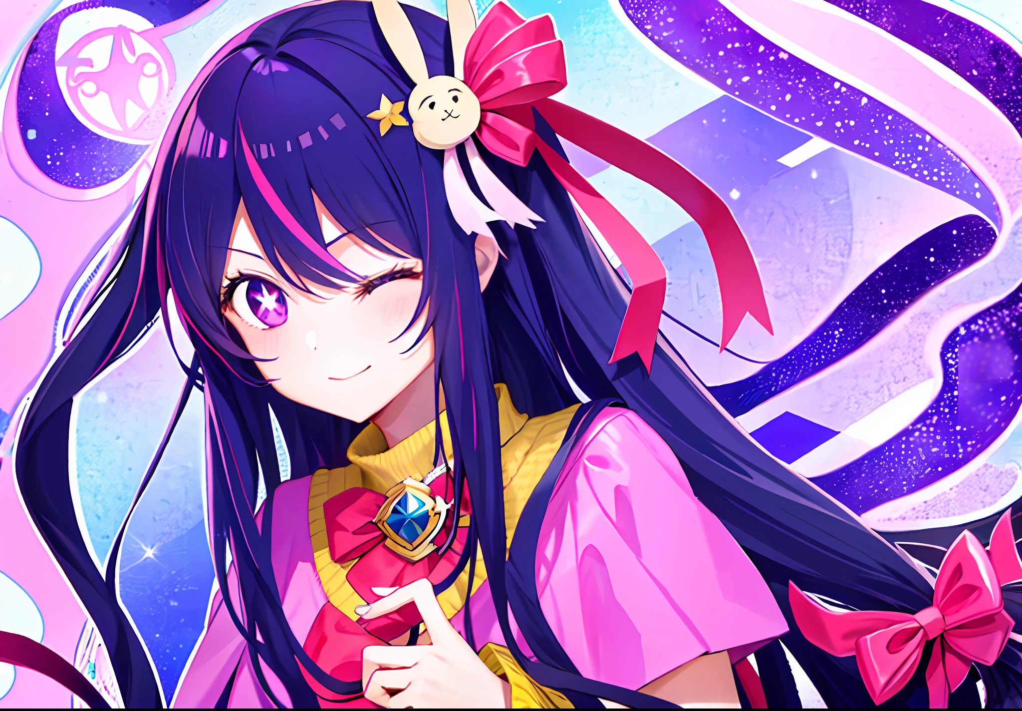 1girl, one eye closed,Hoshino Ai, long hair, purple hair, streaked hair ,purple eyes, star-shaped pupils, hair ornament,