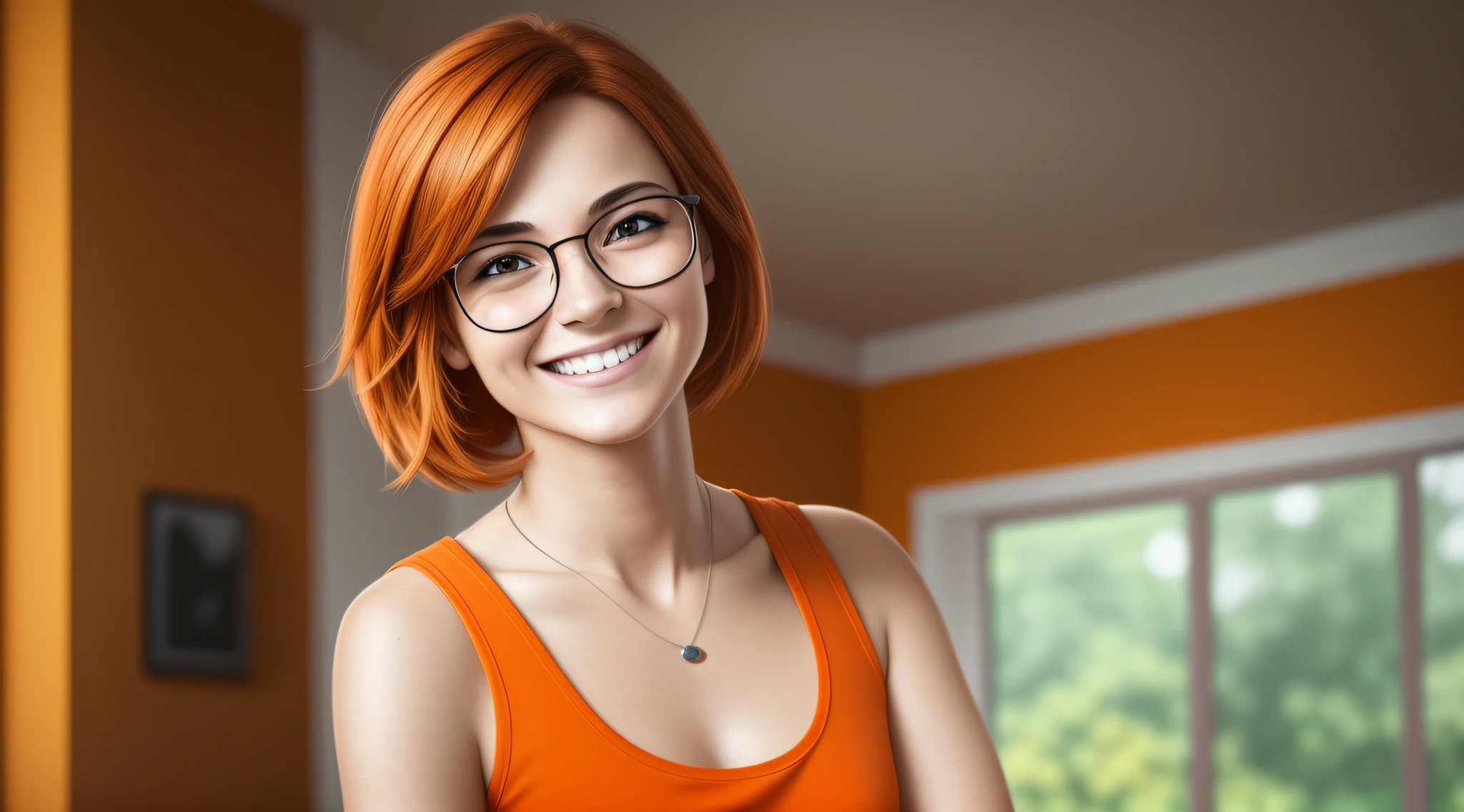 A 27-year-old female character wearing beautiful orange glasses and smiling wearing a plain orange mesh t-shirt, in an agency with orange walls, very short and spiky orange brown hair, slim body, looking at the camera, smiling, cinematic lighting, shallow depth of field, 8k UHD, DSLR, 35mm 1.8 lens, masterpiece, high quality, photorealistic, realism, hyperrealism, art photography --auto --s2