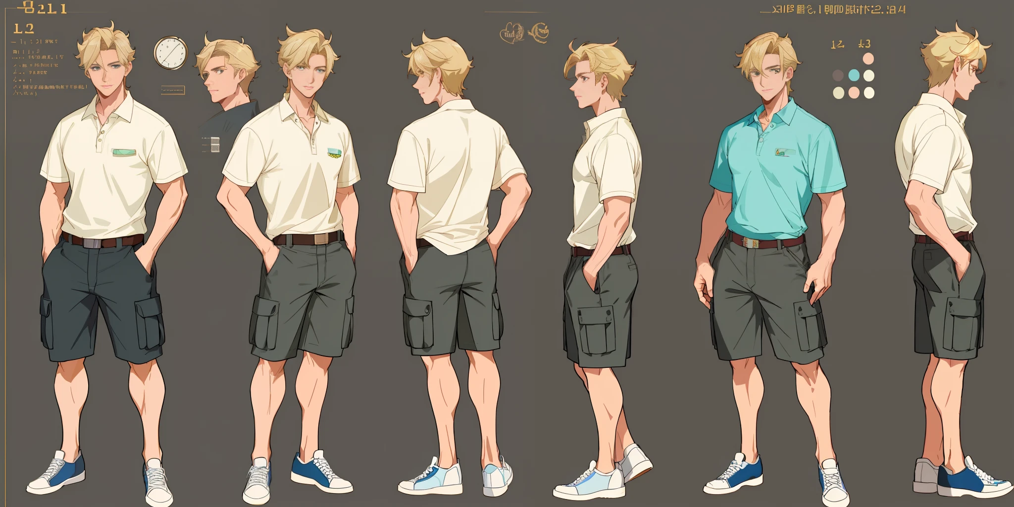 Best quality, 1 adult man, character sheet, concept art, (full body, masterpiece: 1.2), (best quality: 1.3), handsome Australian man, short blonde messy hair, 1 fitted man on his 40s, wearing a cargo shorts, fancy sneakers and polo shirt, winner attitude pose, with short blonde messy hair, standing --SEED DUKE