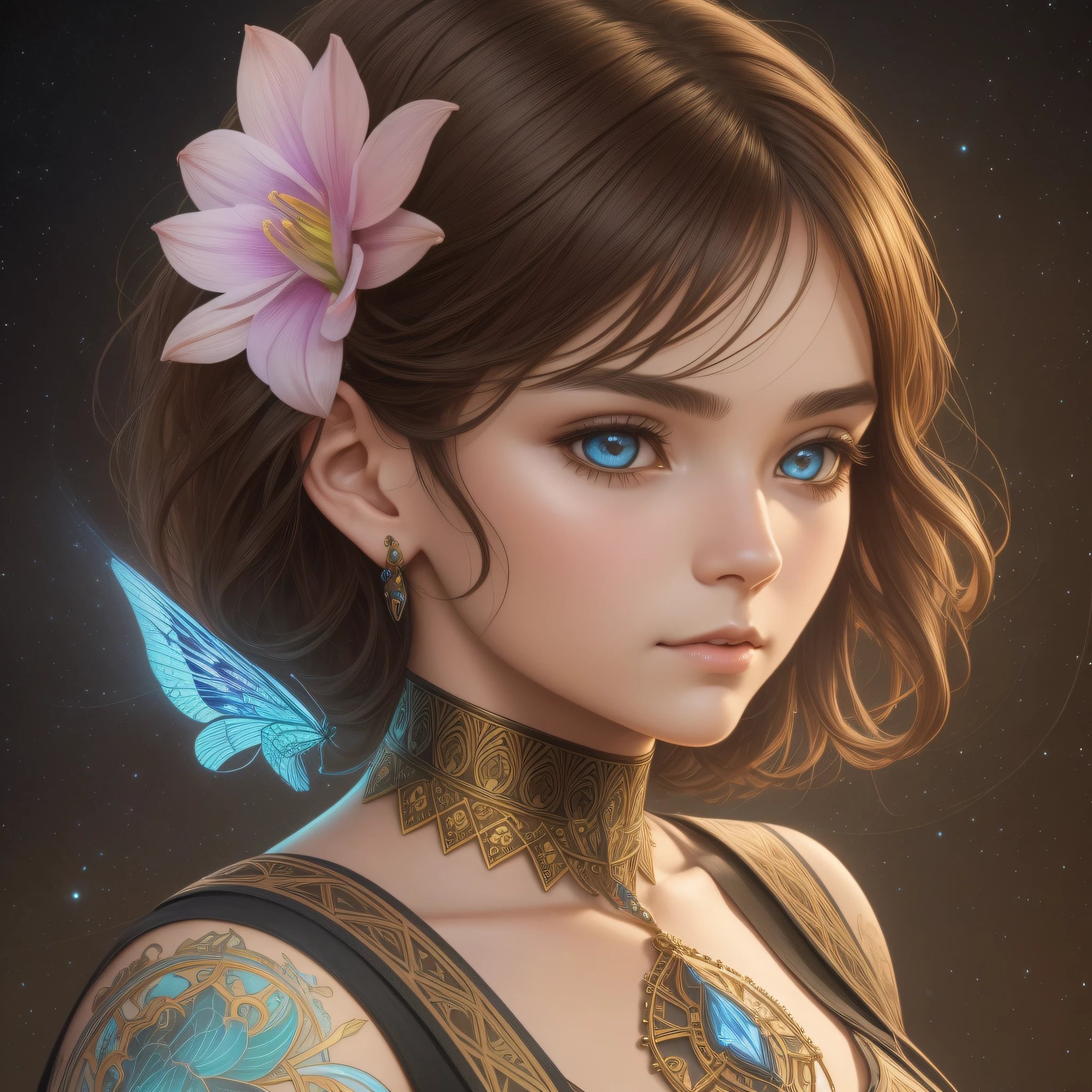 Young girl with a short brown hair in a flower dress, spiritual, detailed, detailed face, detailed skin, front, cover, unzoom, choker, DMT, Sacred, Aura, becoming spiritual, ultrarealistic photorealistic, 8k, artstation hyperdetailed painting, luminism, lighting Bar, complex, 4k resolution concept art portrait by Greg Rutkowski, Artgerm, WLOP, Alphonse Mucha, small fusion pojatti realistic gothic, Isometric details bioluminescens fractals : an impressive realistic photograph 30 years