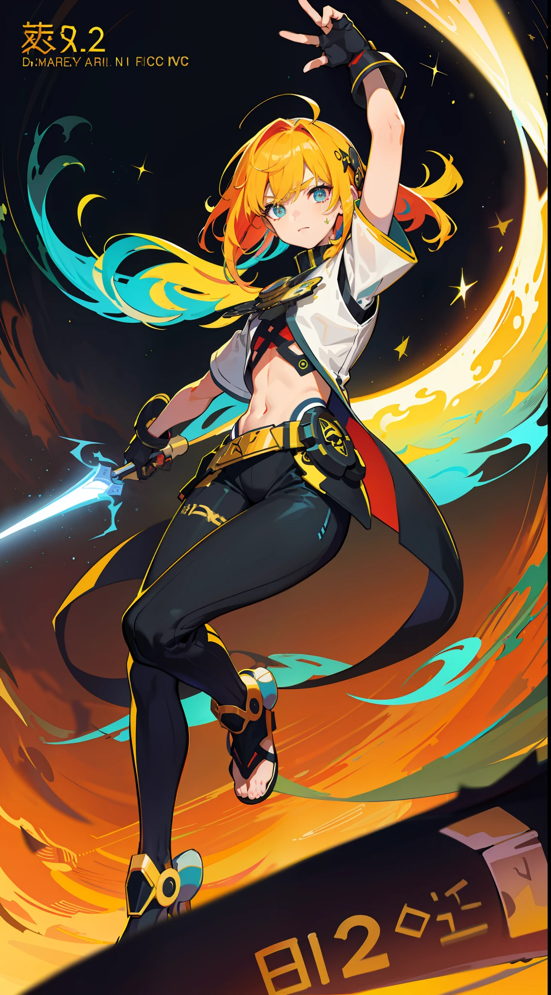 (grainy: 0.5), cinematic, girl, adult, space, serious, military pose, detailed face, detailed military equipment, volumetric lighting, isolation, horror, perfect anatomy, hyper-realistic, dark lighting, bioluminescent details, background, mixed-language_text, Japanese letters in graffit, boys, excellent lighting, sidelighting, (), vhsKeeper,, style GUILTY GEAR -STRIVE perfect ultimate (flat color: 1.3), (magazine_cover: 1.4), (multicolored_background: 1.3), striped_background, card_background, :: comix style by joe madureira :: circular pieces of white metals glued to the arms coming out shimmering yellow glow, , perfect and detailed, ultra detailed shirt with abstract design and with Japanese letters in graffit of the sides of the clothing, image of full-body boys fighting next to you with powerful dragons versus alien creature full of tentacles , with immersive effects, hover effect, background style graffiti tribal tattoo with vibrant colors "ultra hdr" detailed and with focus effect, (masterpiece: 1.2, best quality), (finely detailed beautiful eyes: 1.2), , ((Solo)), (Finely detailed eyes and detailed face: 1.3), in various full-body attack poses, (cute background: 1.2),futuristic costume, Super detailed circular metals Clinging to the arms and pants, fantastic paintings